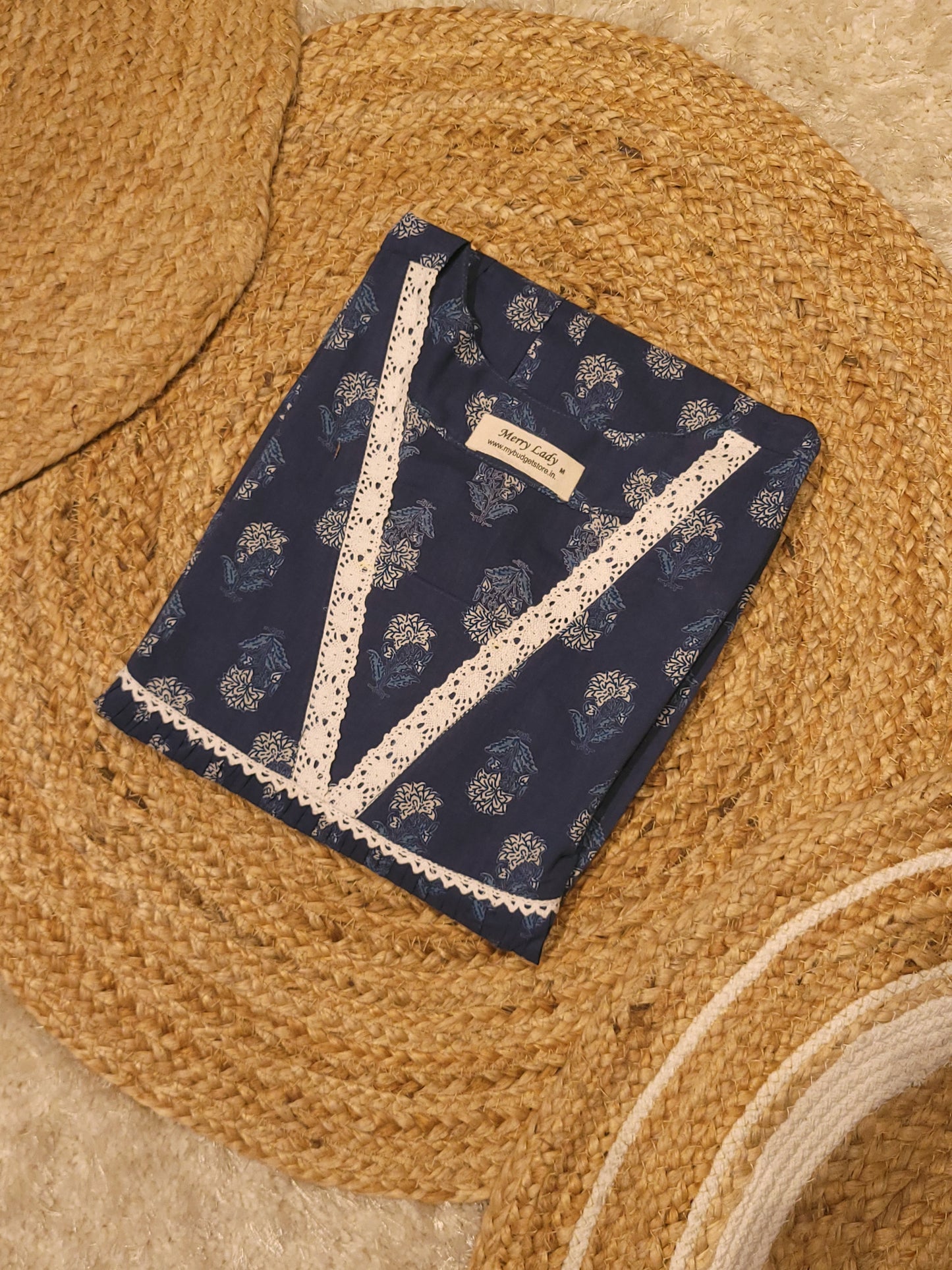 Blue floral printed cotton Aline kurti with lace detailing MBS-815 ** ready to dispatch**