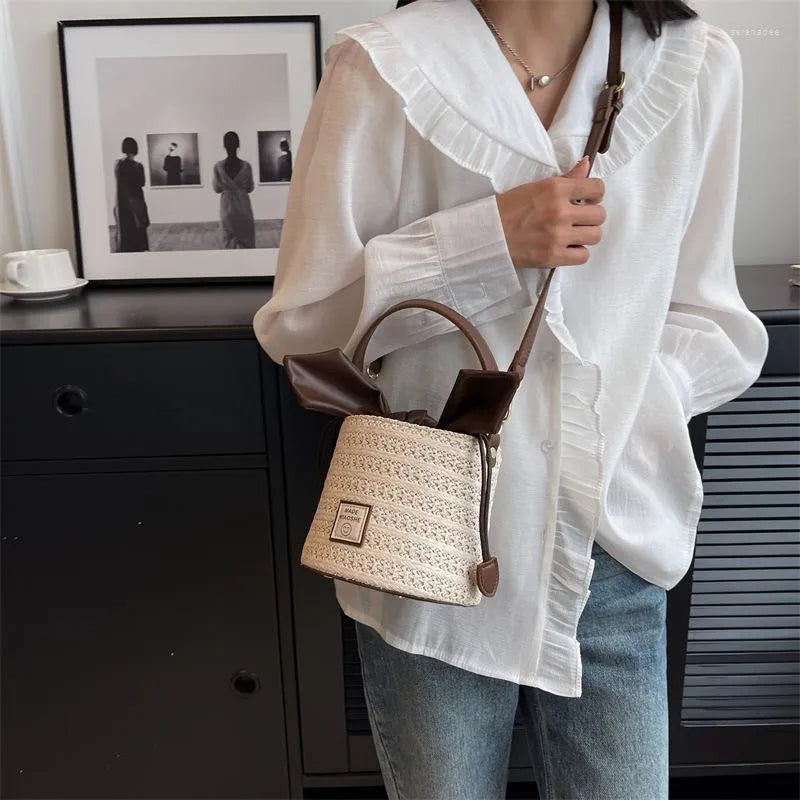 Mini Colorblock Drawstring Straw Bag Vacation
