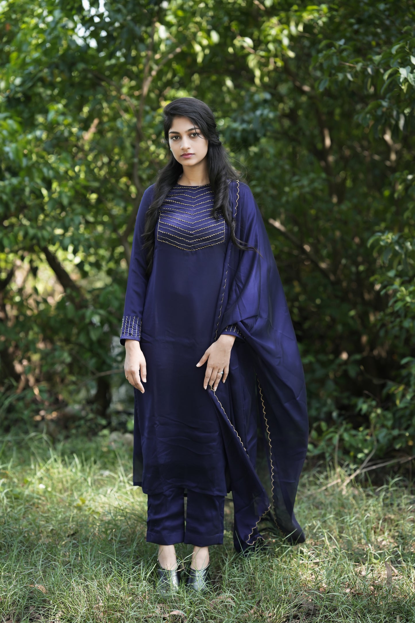 Navy blue shaded blooming georgette handworked full sleeve kurti MBS-277