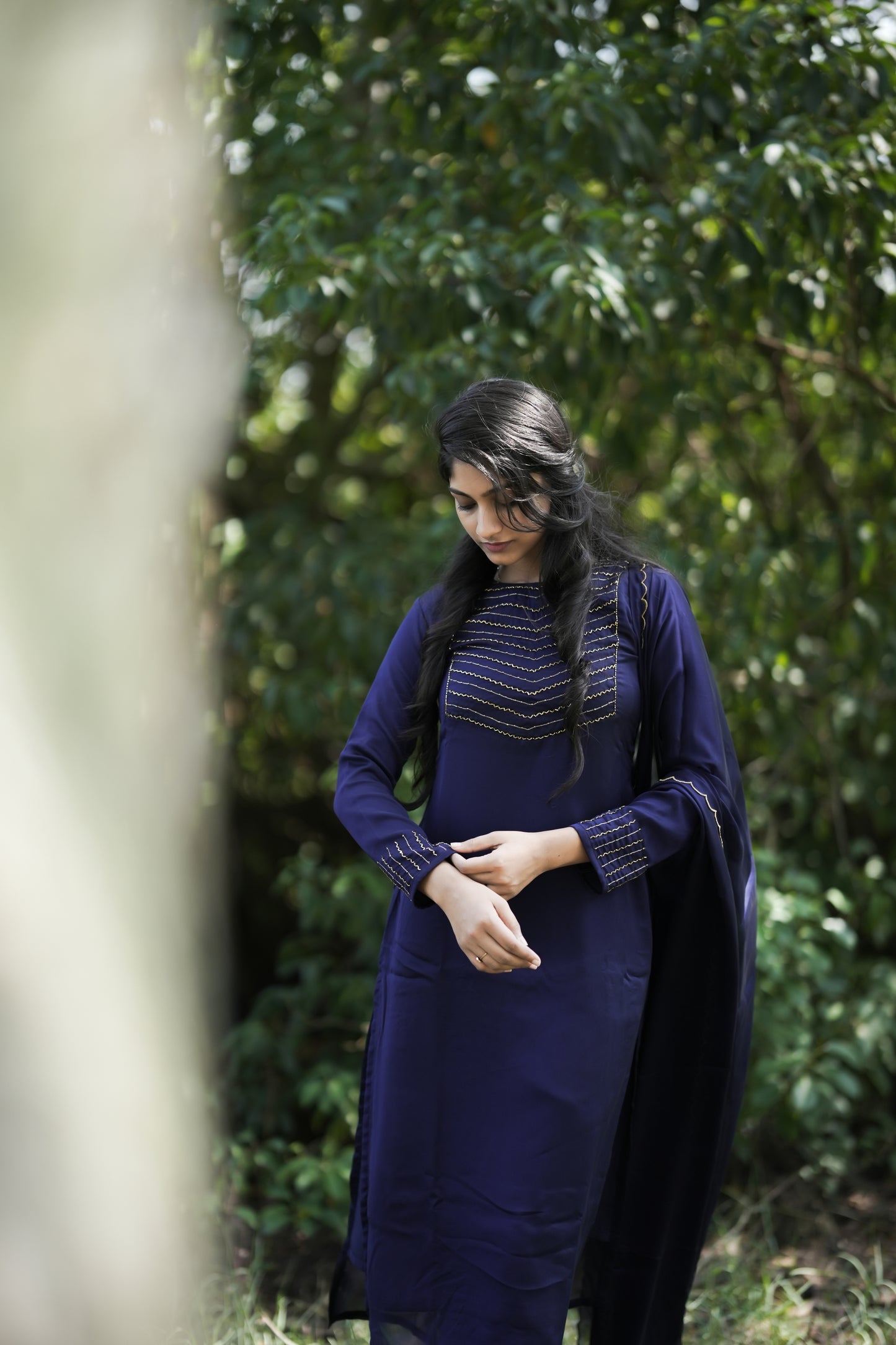Navy blue shaded blooming georgette handworked full sleeve kurti MBS-277