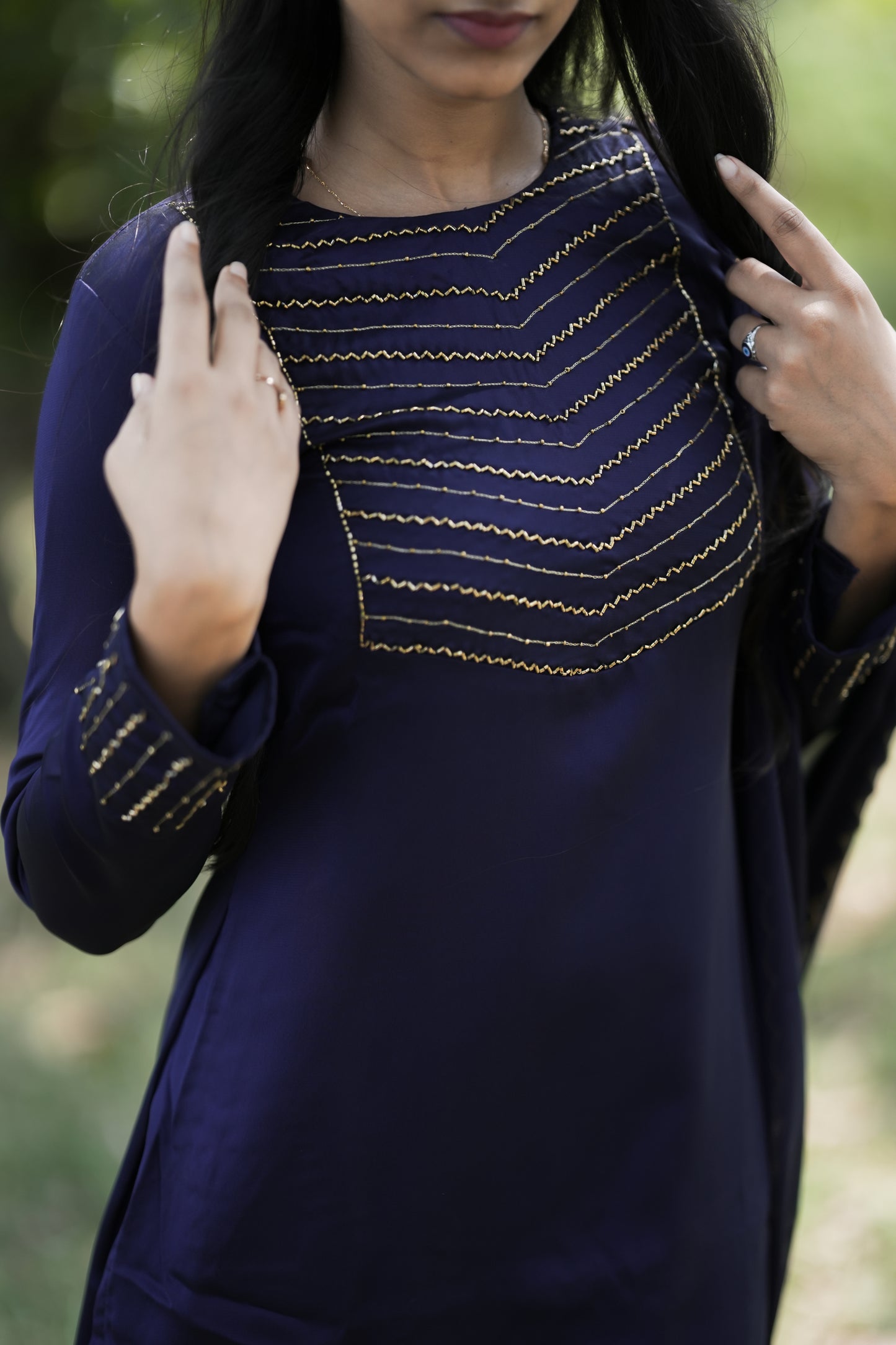 Navy blue shaded blooming georgette handworked full sleeve kurti MBS-277