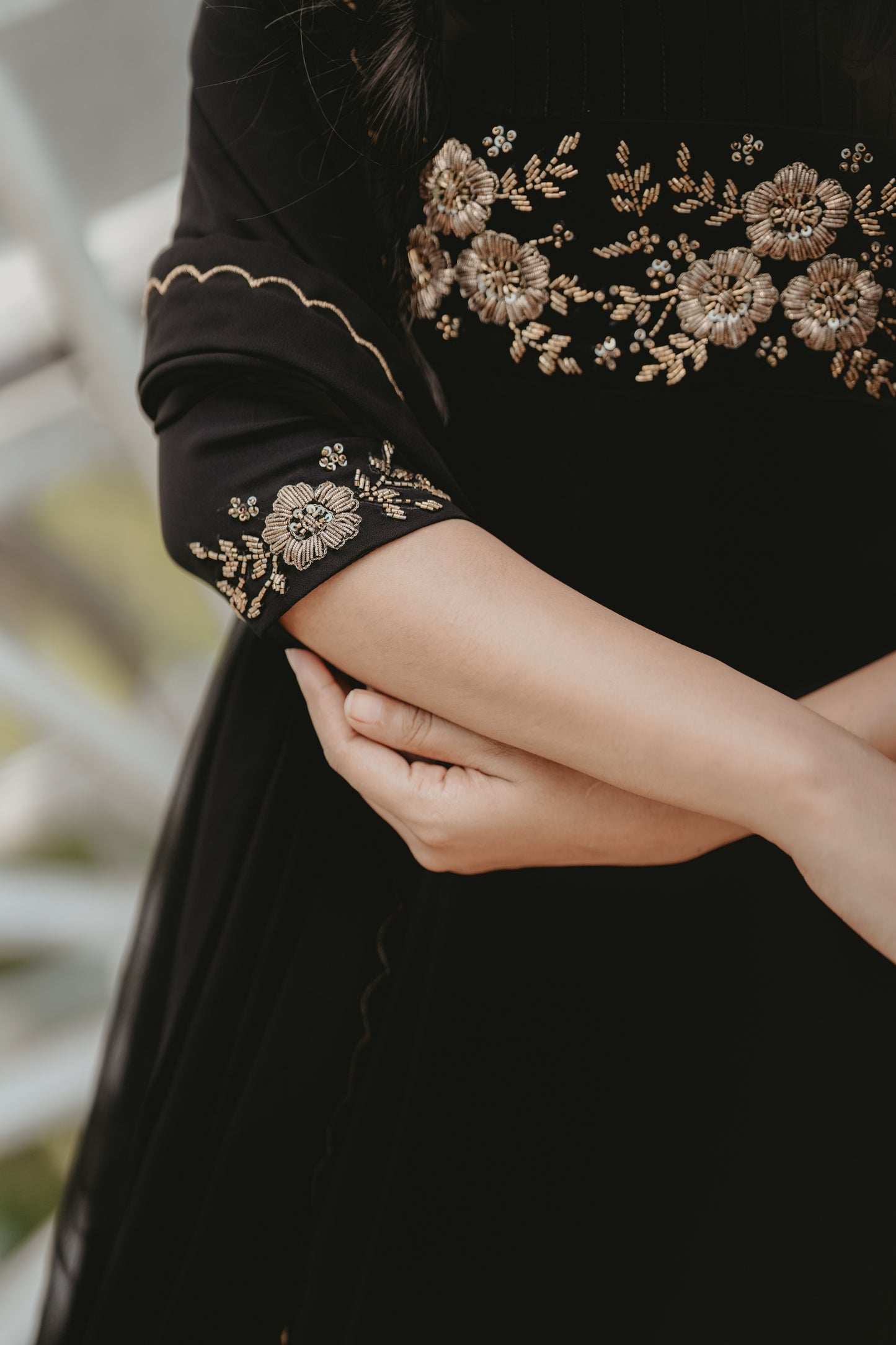 Black georgette A-line partywear kurti with heavy handworked yoke and scalloped dupatta MBS-264