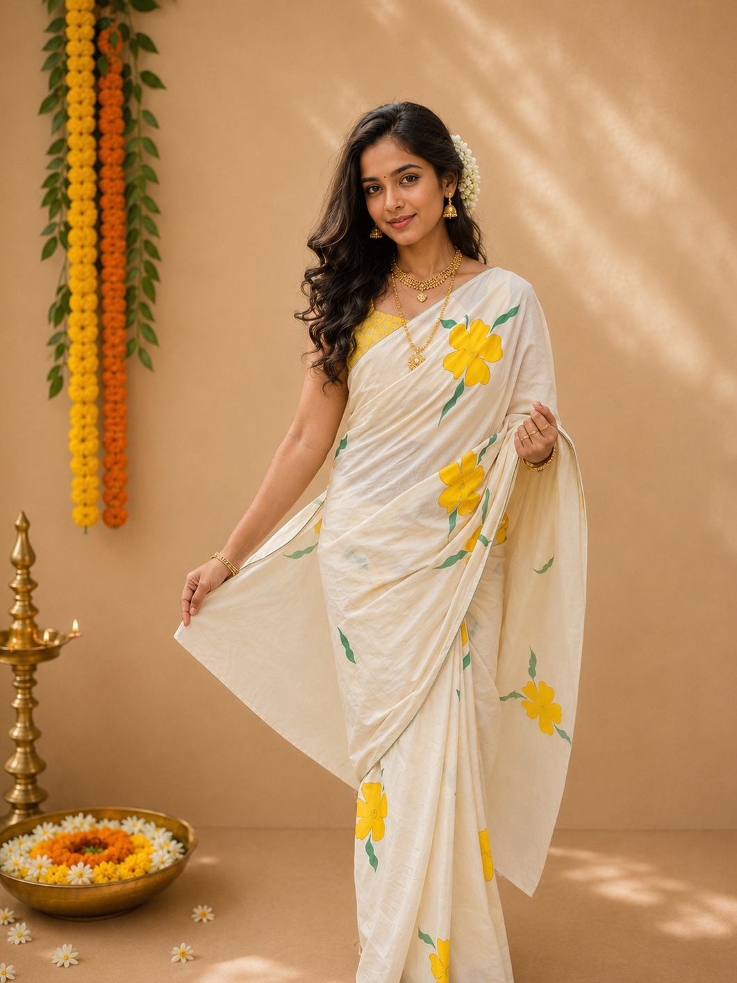 Kora cotton saree with brush painted yellow florals and green piping borders MBS-1251
