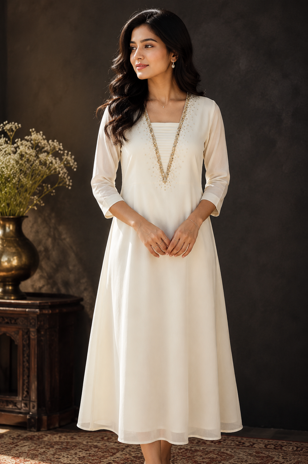 Off white georgette kurti with hand worked yoke mbs-988 **Ready to dispatch **last piece sale**