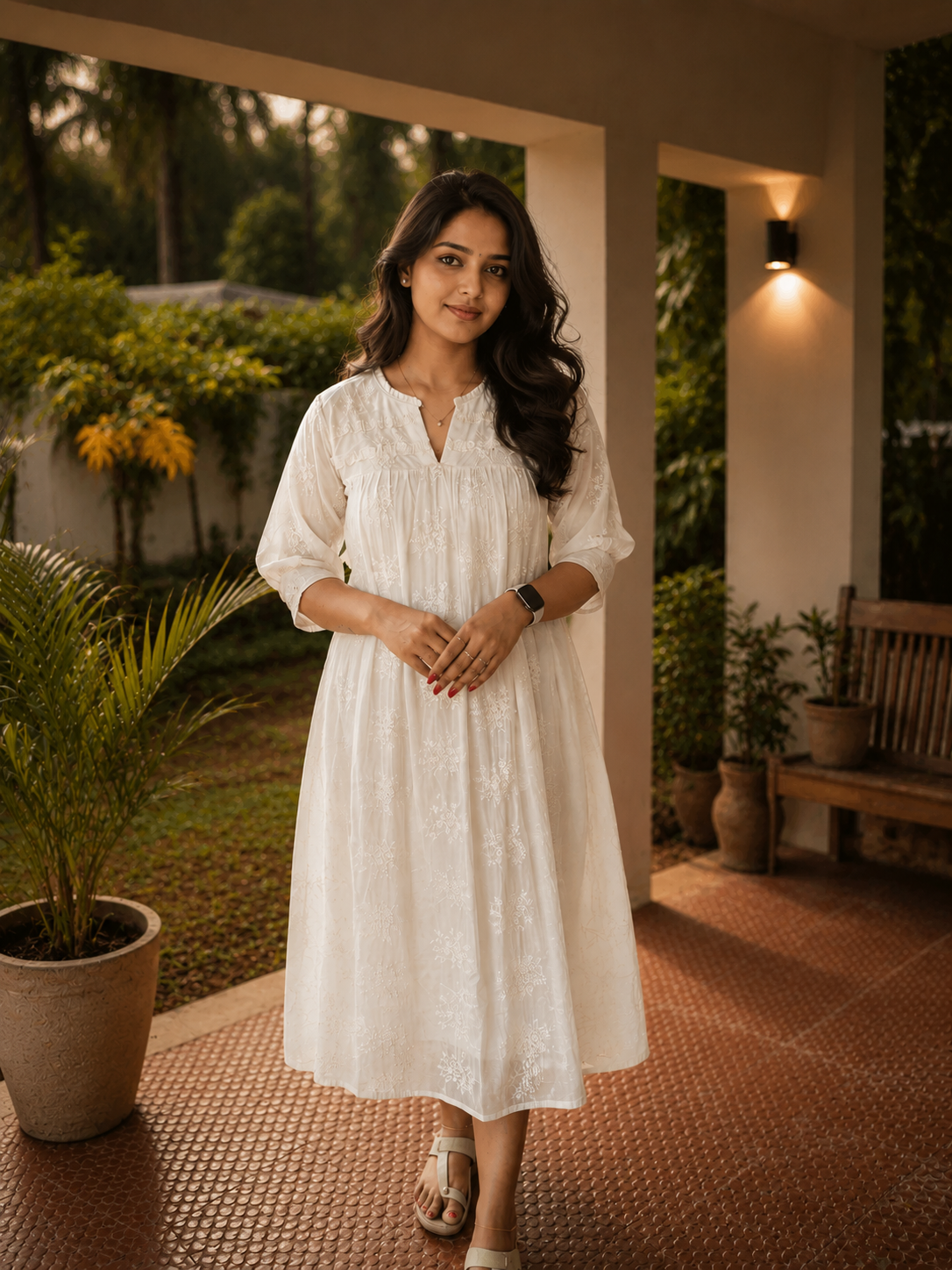 Pearl white mulchanderi Aline kurti/dress with all over floral thread embroidery detailings MBS-1289