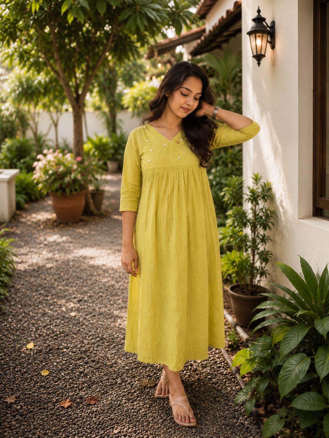 Sheen green cotton slub Aline kurti/dress with handworked yoke and gathers MBS-1329 **Ready to dispatch**