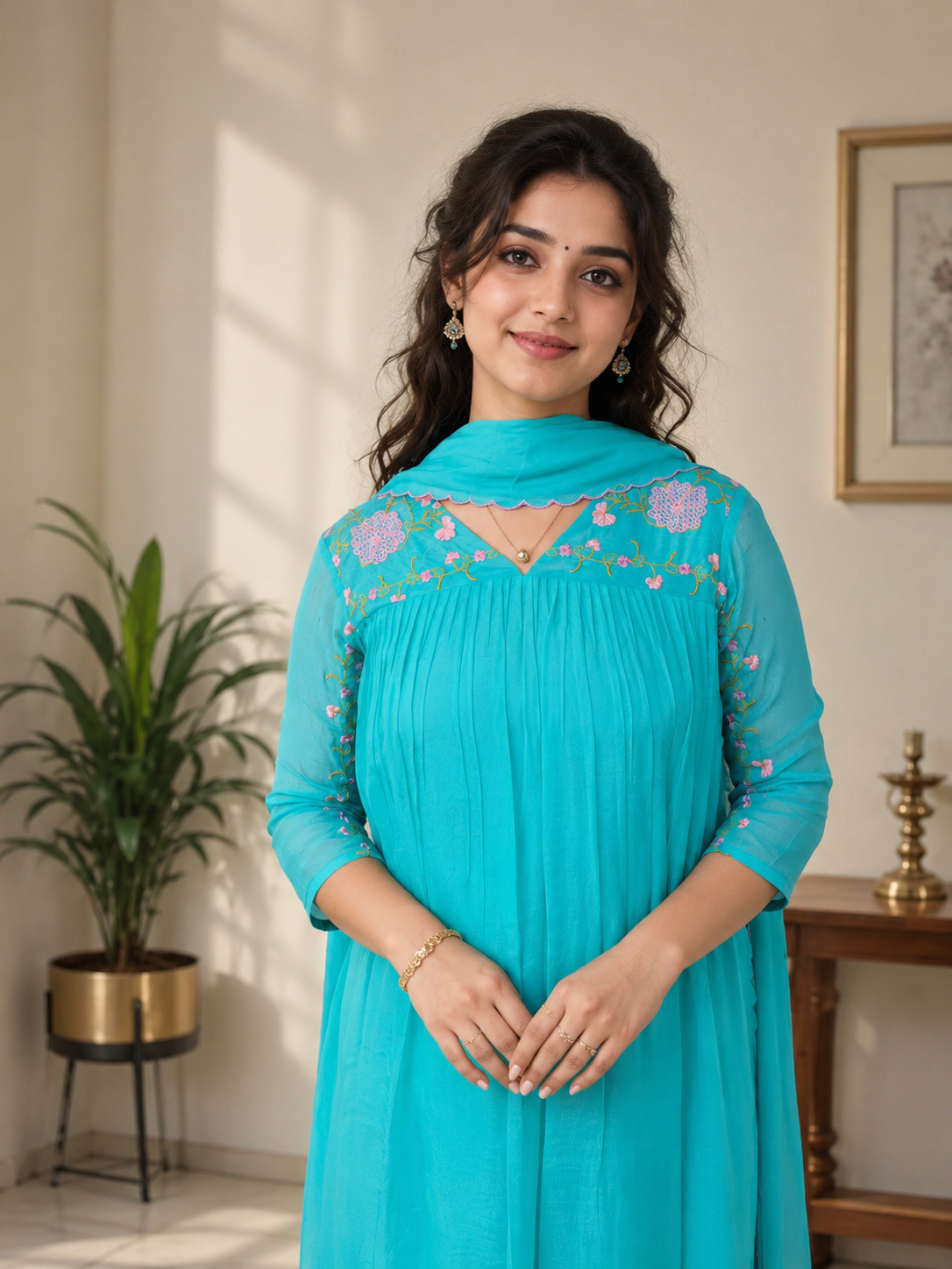 Sea green organza georgette Aline kurti with multi shaded floral thread embroidery yoke and sleeves paired with scalloped dupatta MBS-1297