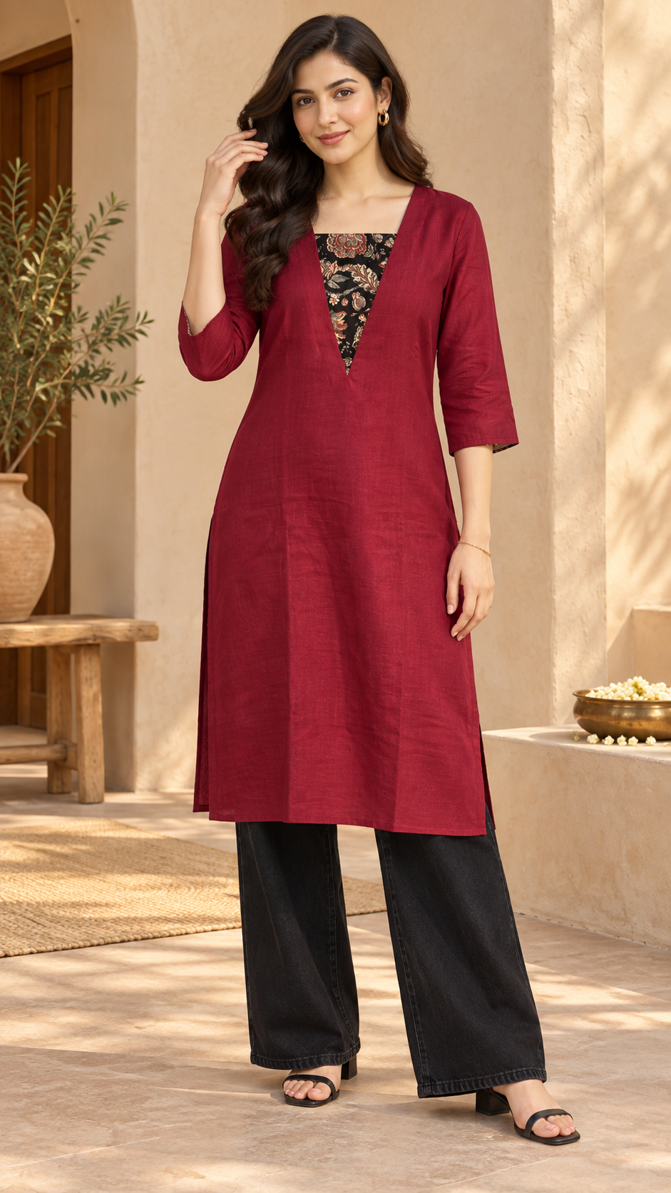 Maroon slub cotton kurthi with floral printed yoke MBS-891 **last piece sale**