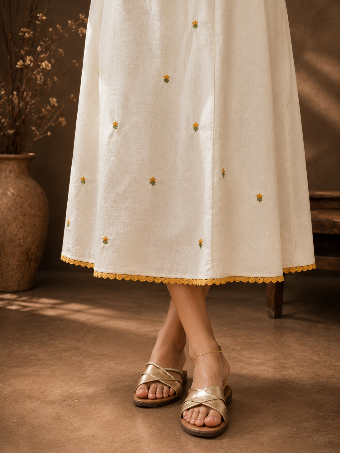 Off-white flex cotton Aline kurti with hand embroidered middle panel and hemline MBS-1313 **Onam 26**