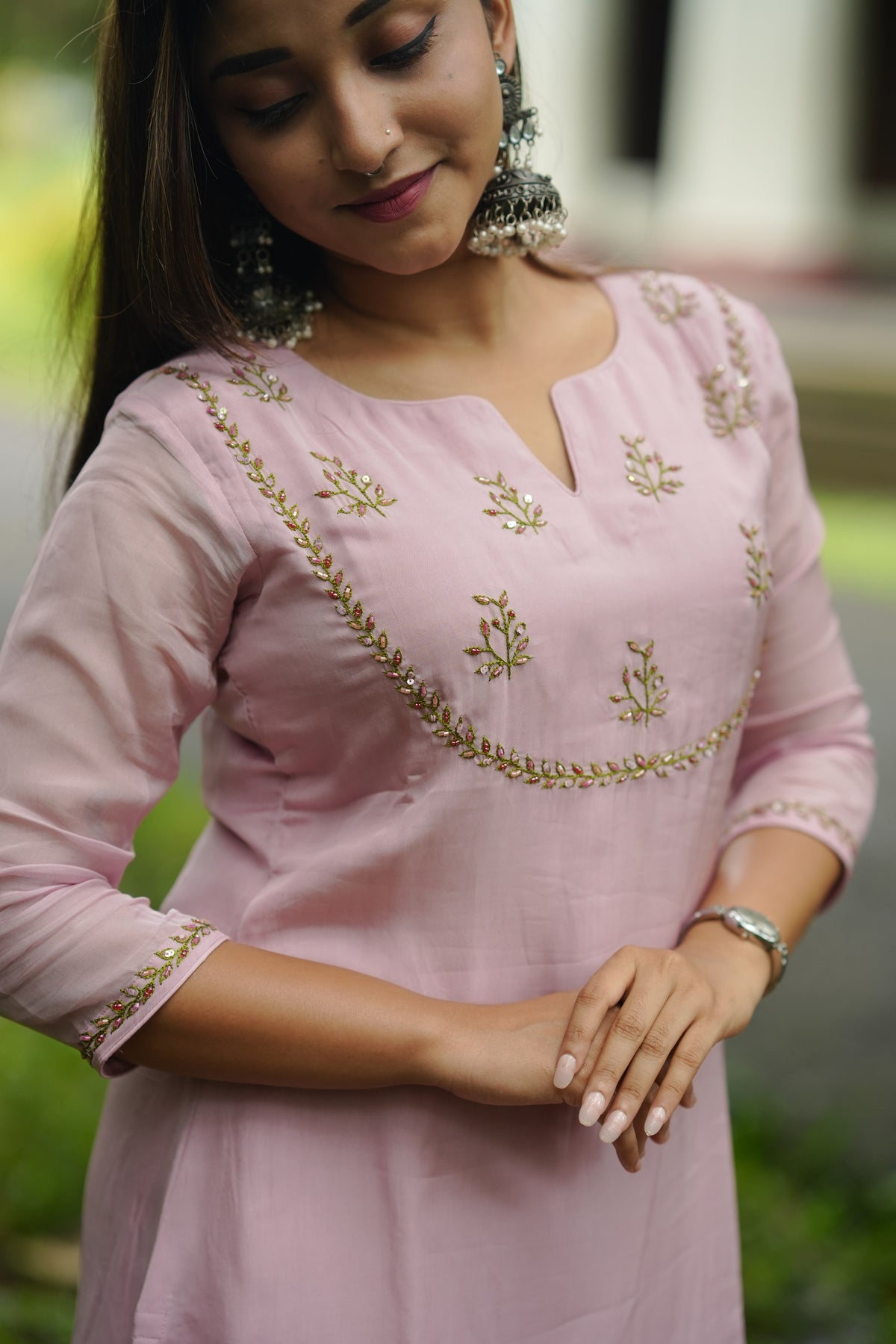 Soft lilac shaded viscose organza partywear Kurti with hand worked yoke, sleeves and dupatta (inludes 2.5 meters of snatoon fabric for bottom) MBS-1337