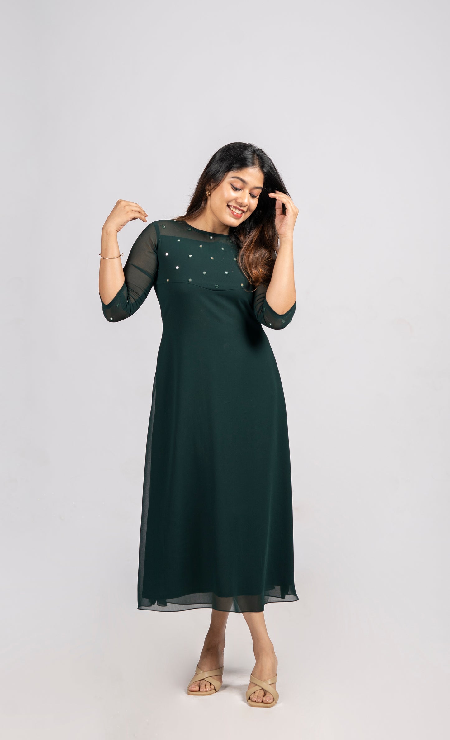 Bottle Green georgette A-line kurti with mirror worked yoke MBS-258