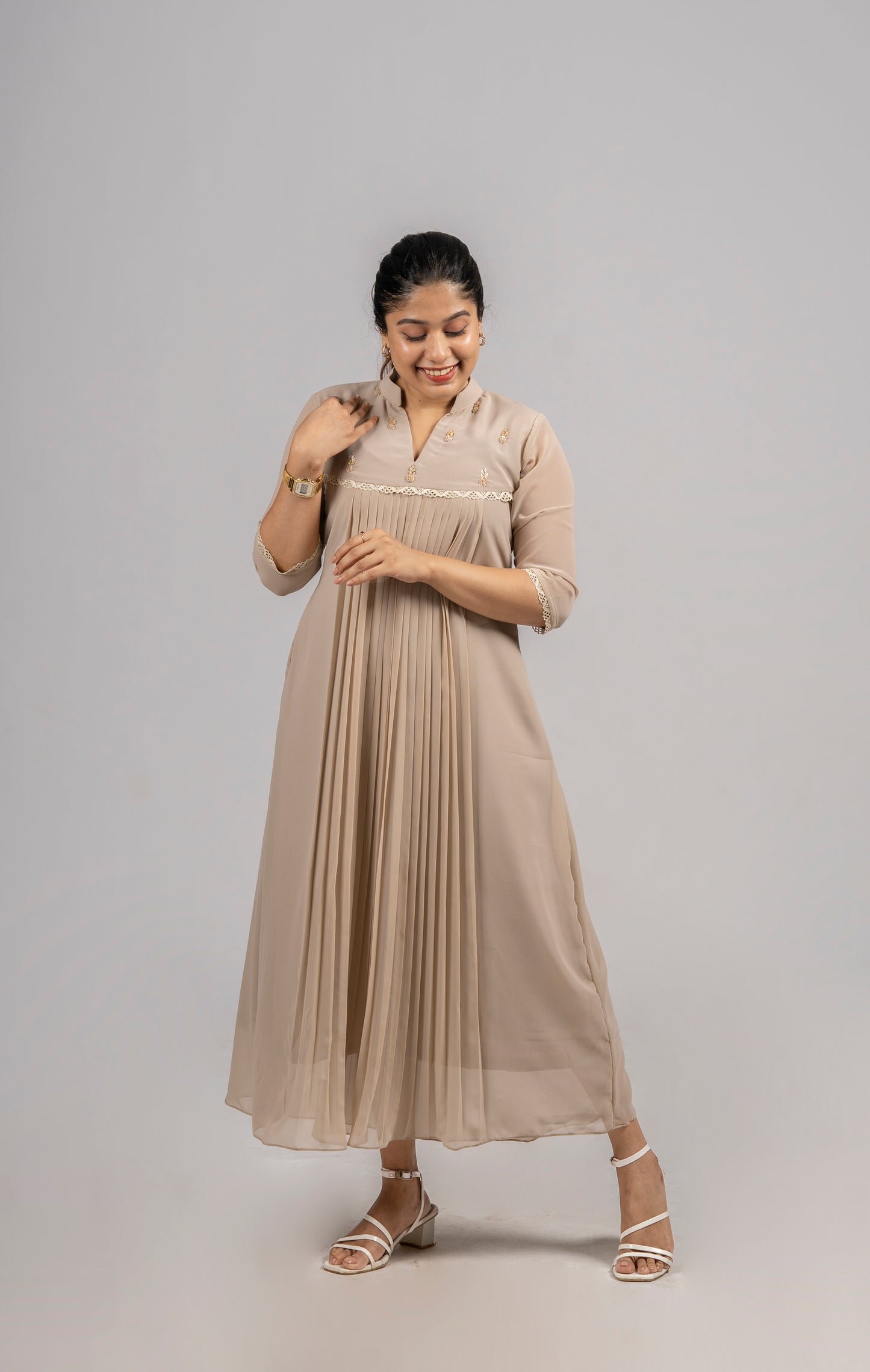 Beige shaded georgette A-line kurti with handworked yoke and lace detailing MBS-254