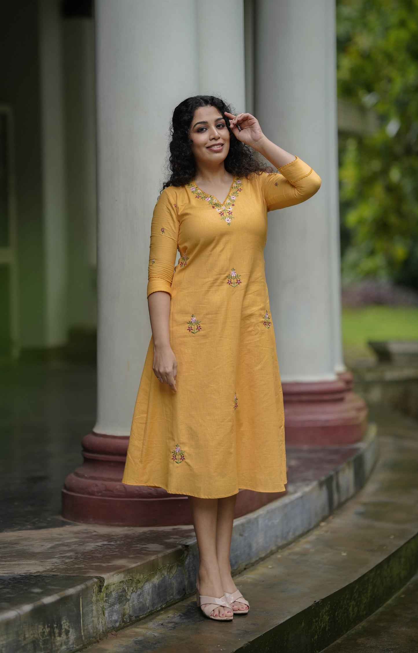 Yellow cotton flex kurti with floral thread embroidery MBS-648