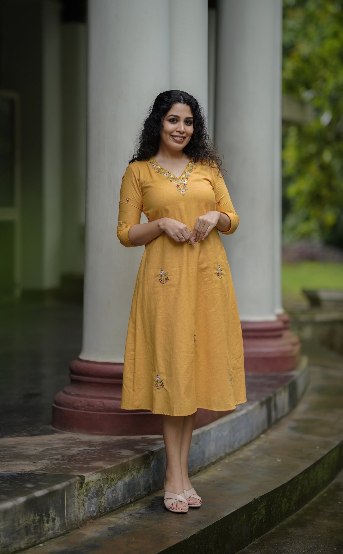 Yellow cotton flex kurti with floral thread embroidery MBS-648