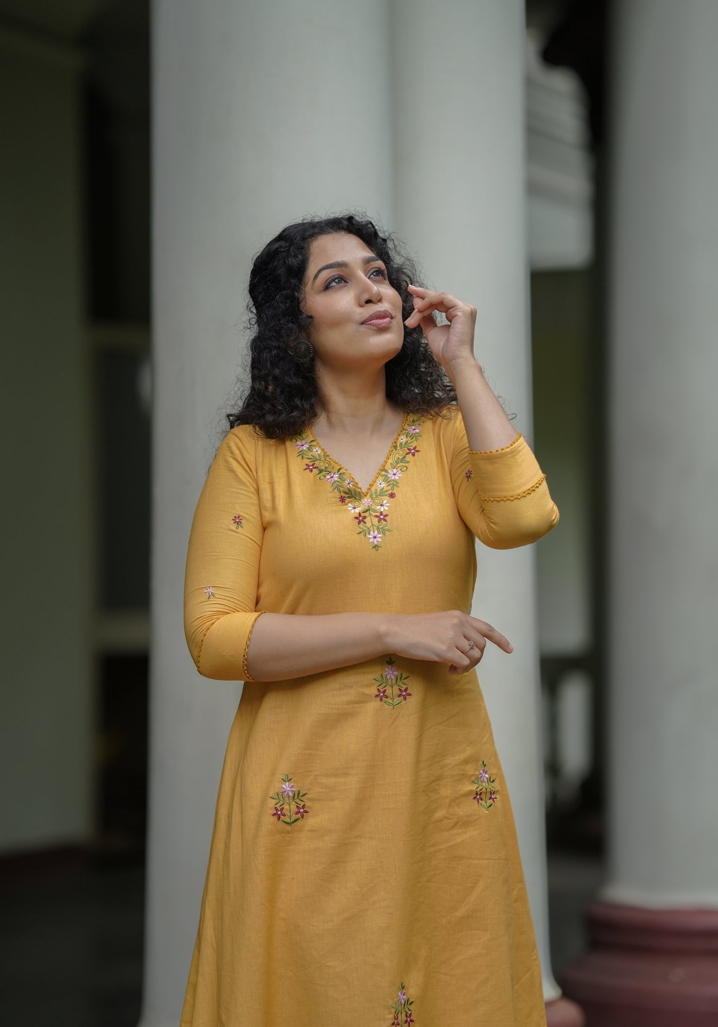 Yellow cotton flex kurti with floral thread embroidery MBS-648