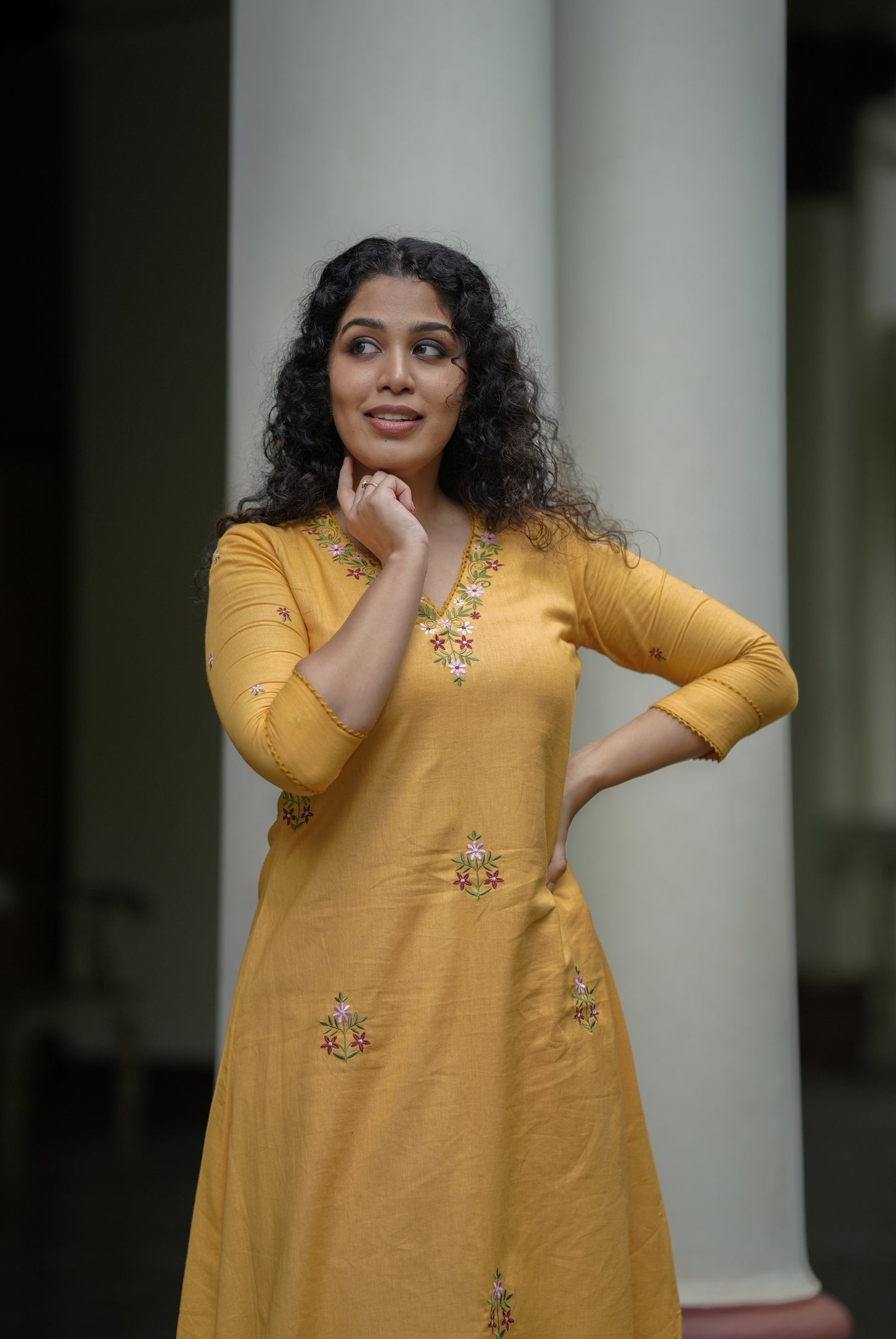 Yellow cotton flex kurti with floral thread embroidery MBS-648