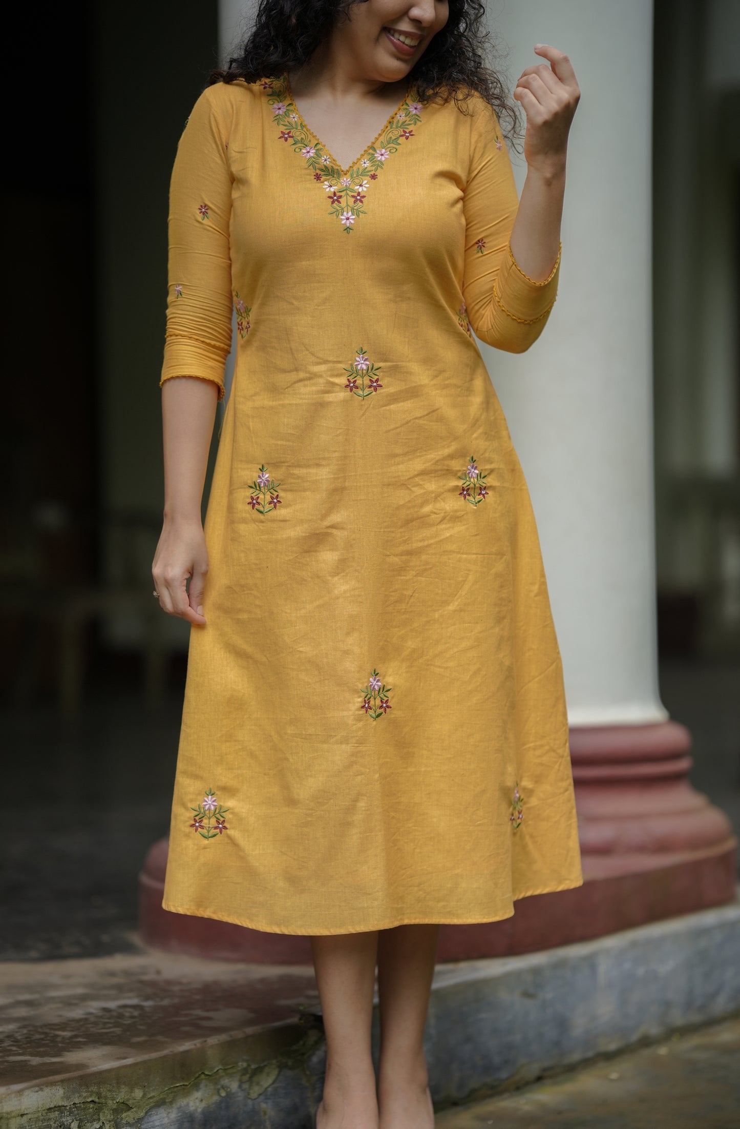Yellow cotton flex kurti with floral thread embroidery MBS-648