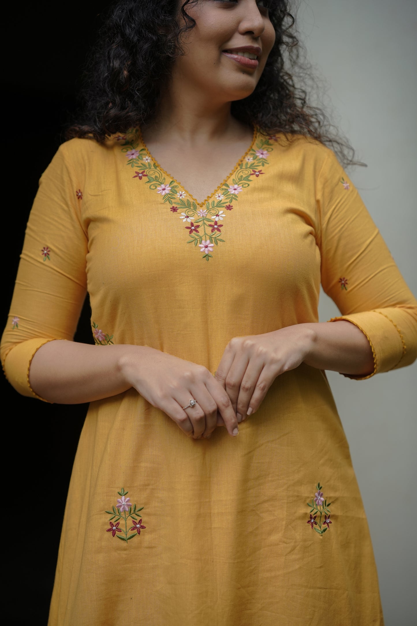 Yellow cotton flex kurti with floral thread embroidery MBS-648