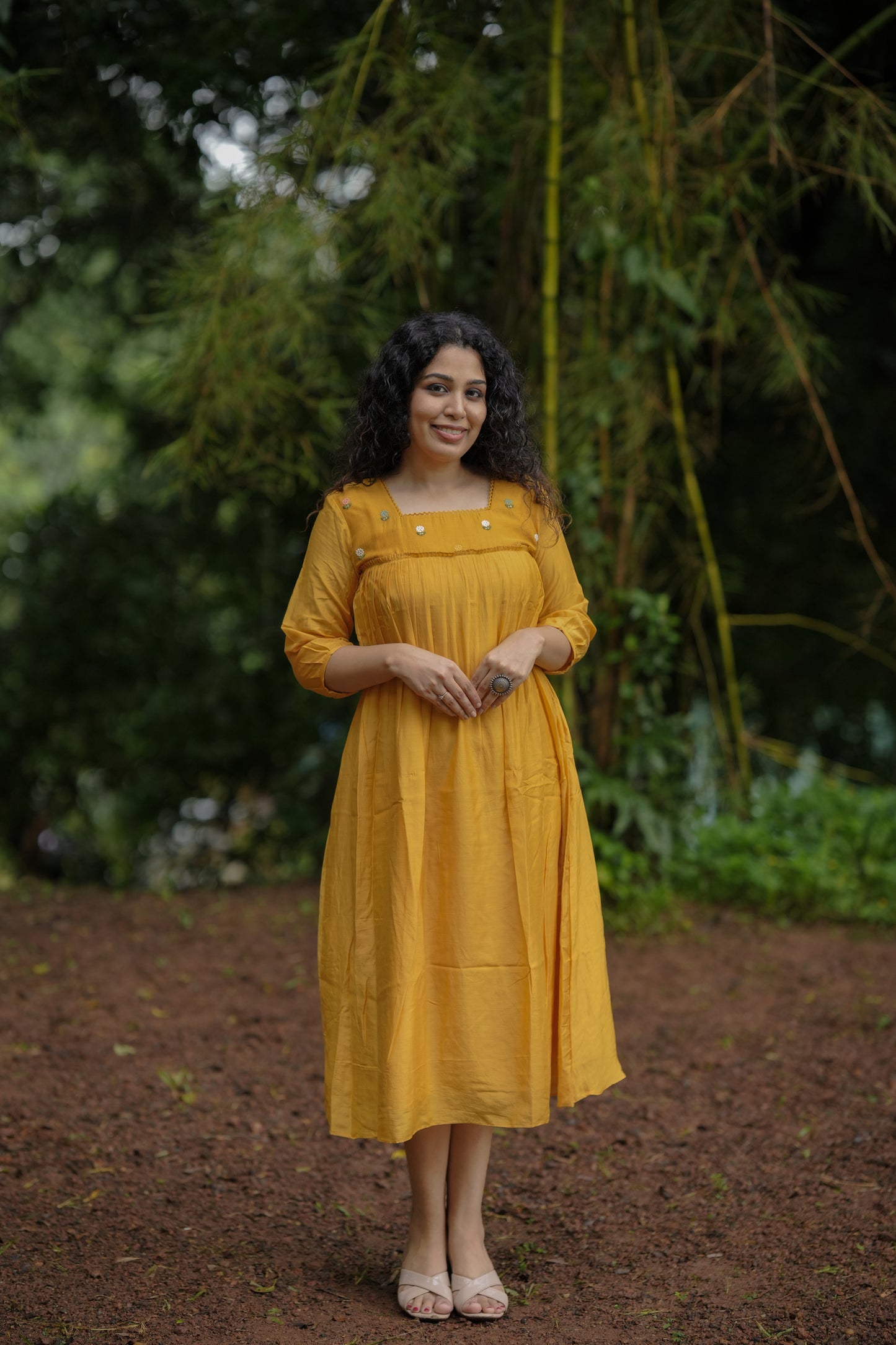 Tangerine shaded pure viscose mul chanderi kurti/dress with thread embroidered yoke MBS-654