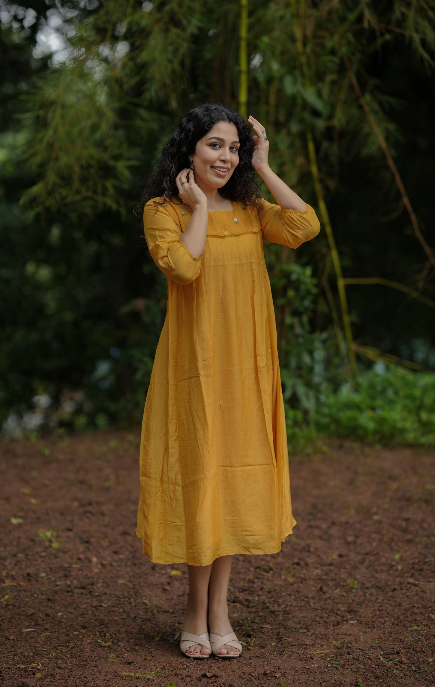 Tangerine shaded pure viscose mul chanderi kurti/dress with thread embroidered yoke MBS-654