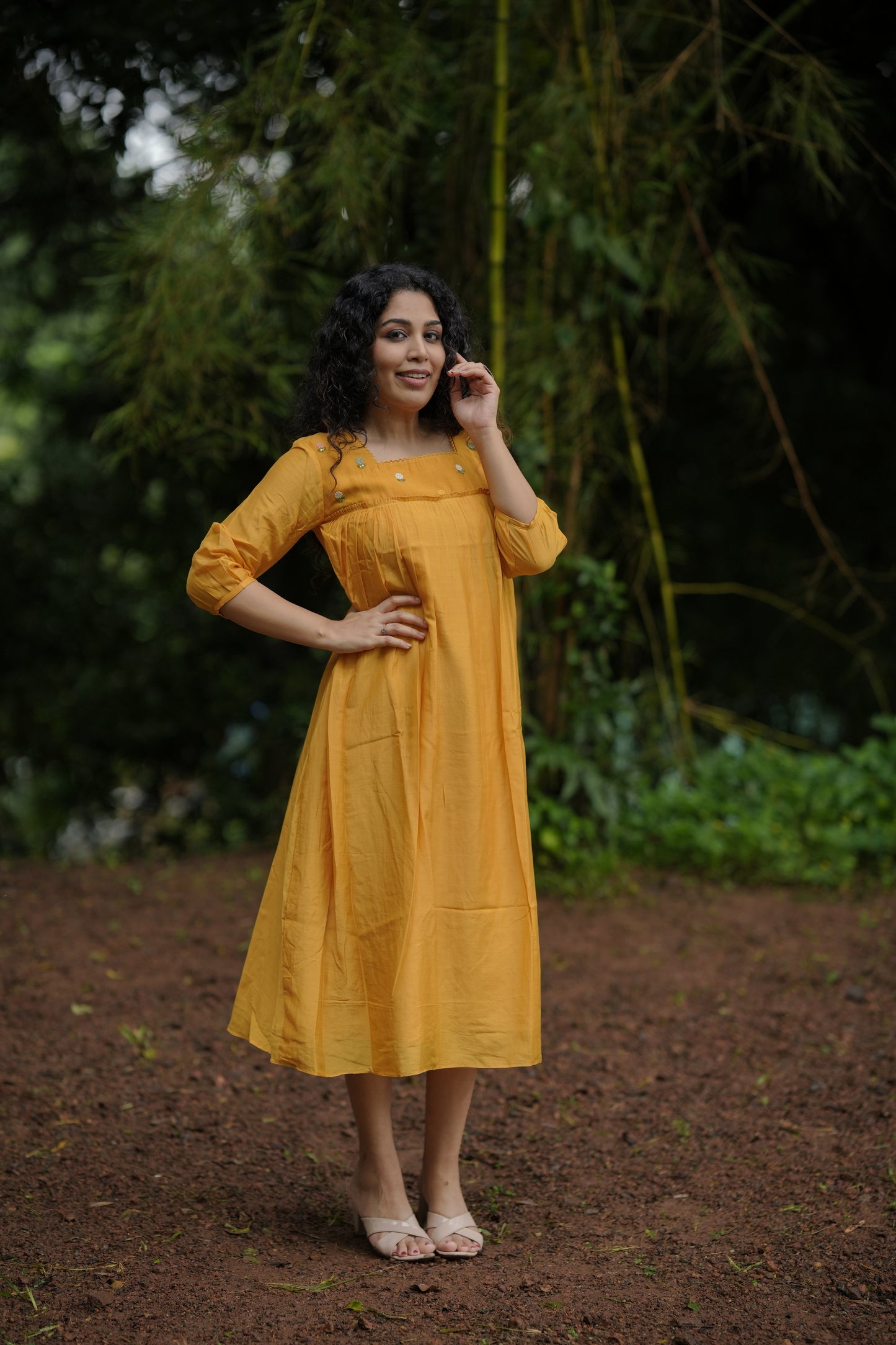 Tangerine shaded pure viscose mul chanderi kurti/dress with thread embroidered yoke MBS-654