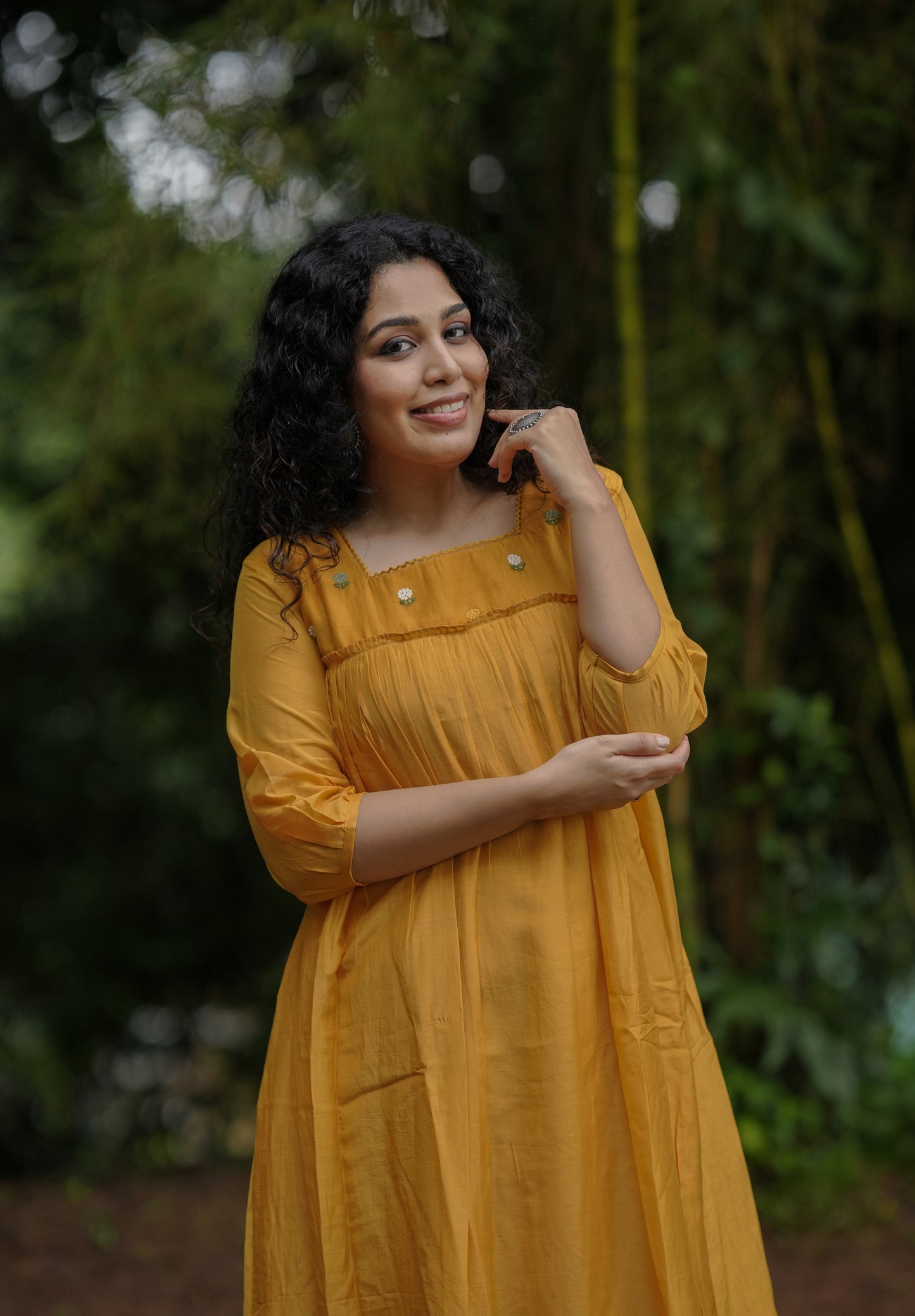 Tangerine shaded pure viscose mul chanderi kurti/dress with thread embroidered yoke MBS-654