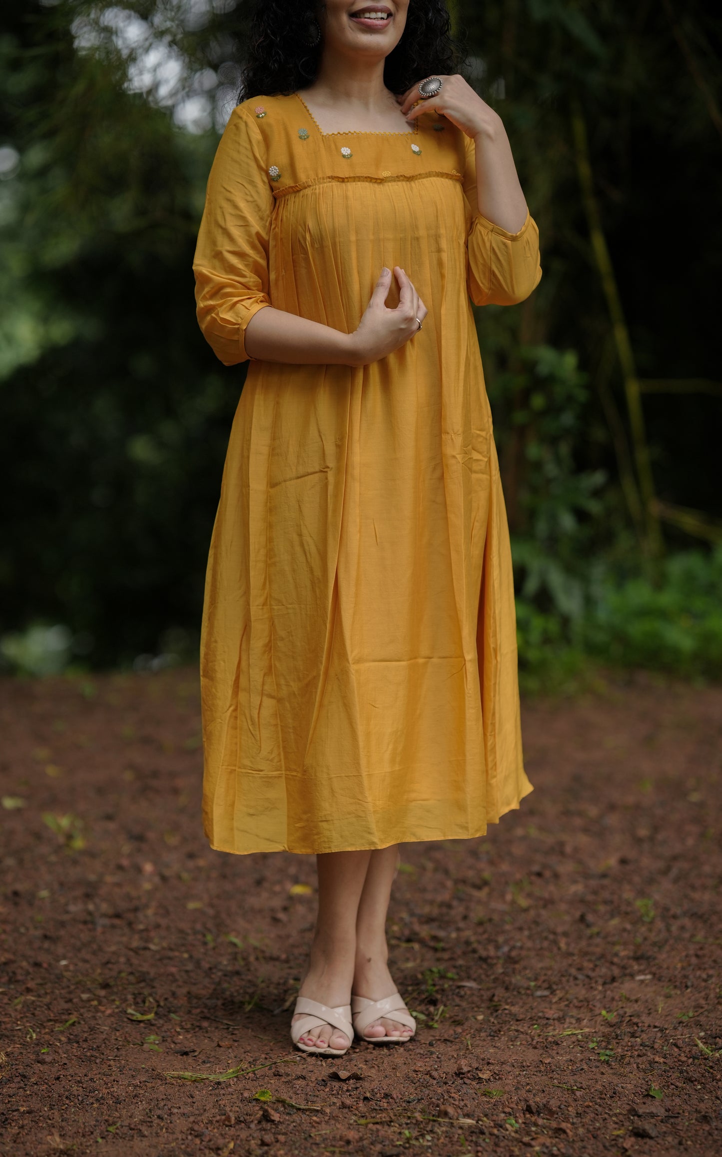 Tangerine shaded pure viscose mul chanderi kurti/dress with thread embroidered yoke MBS-654