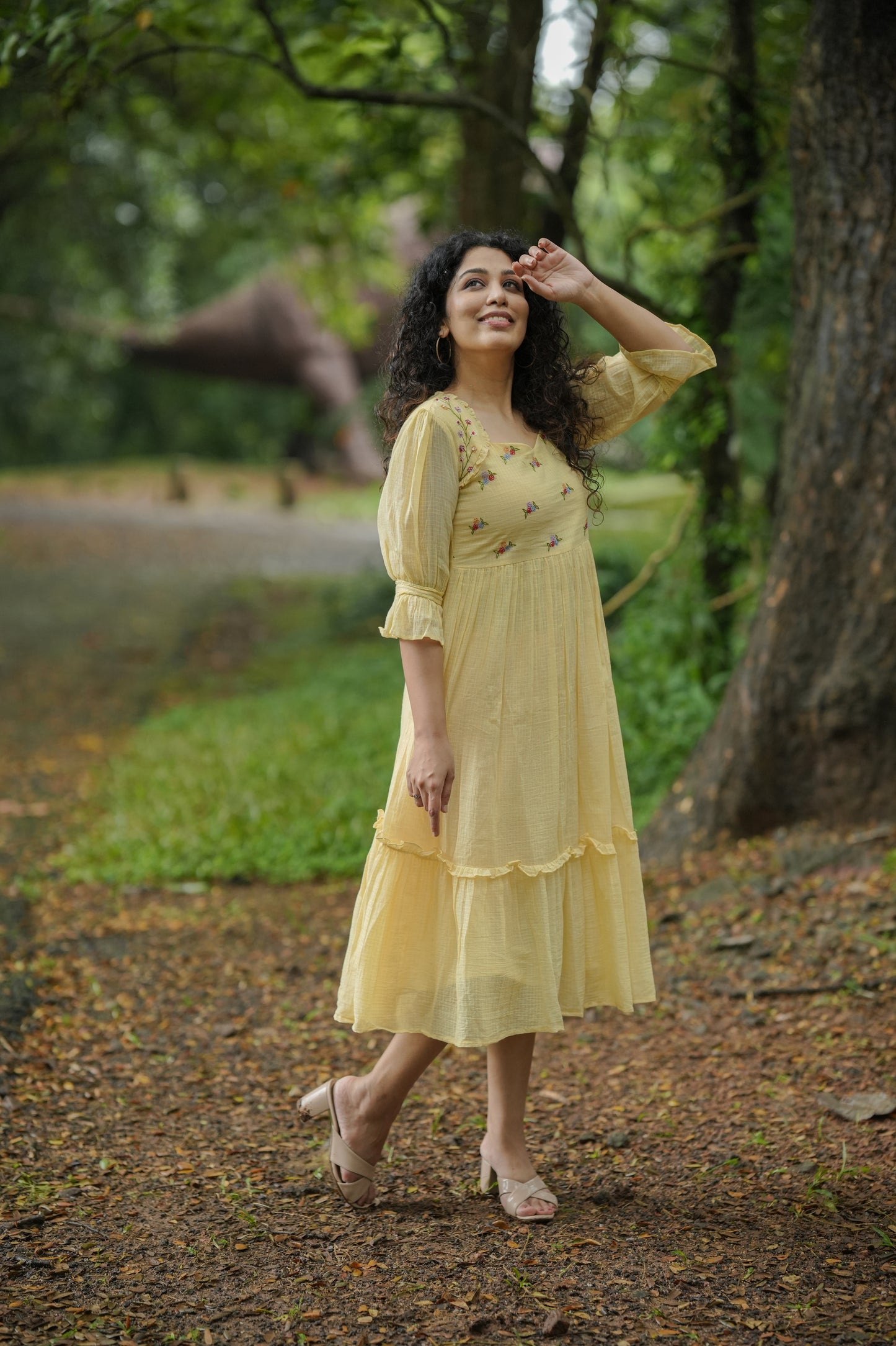 Yellow soft cotton kota checks kurti/dress with multi shaded thread embroidered yoke MBS-641