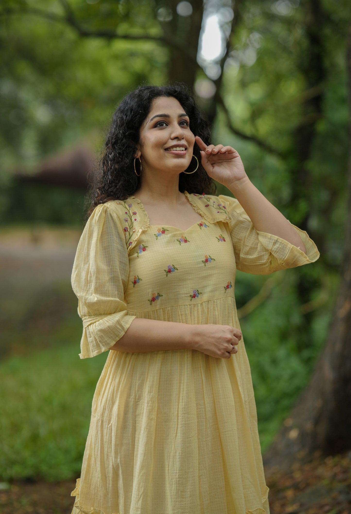 Yellow soft cotton kota checks kurti/dress with multi shaded thread embroidered yoke MBS-641