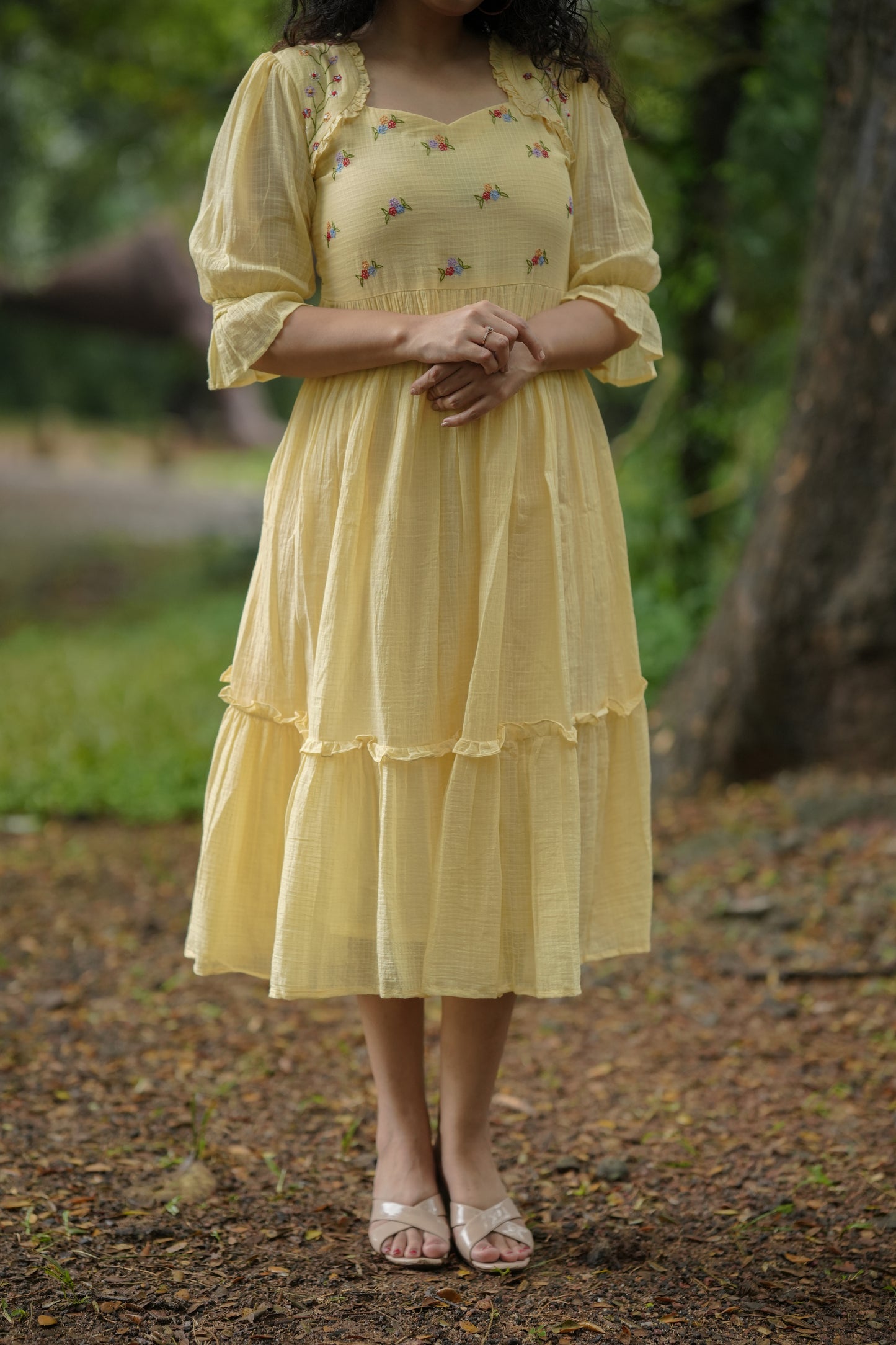 Yellow soft cotton kota checks kurti/dress with multi shaded thread embroidered yoke MBS-641
