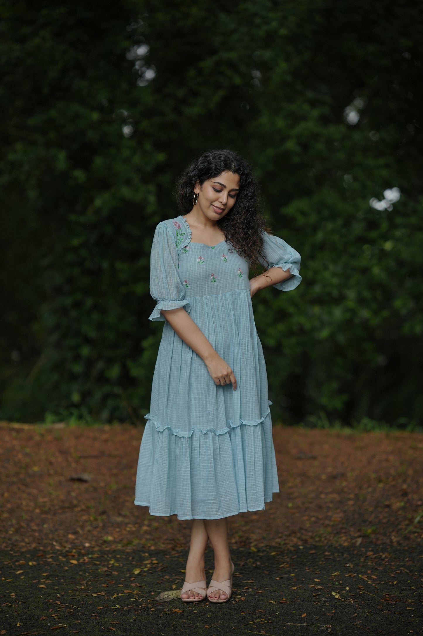 Blue soft cotton kota checks kurti/dress with multi shaded thread embroidered yoke MBS-642