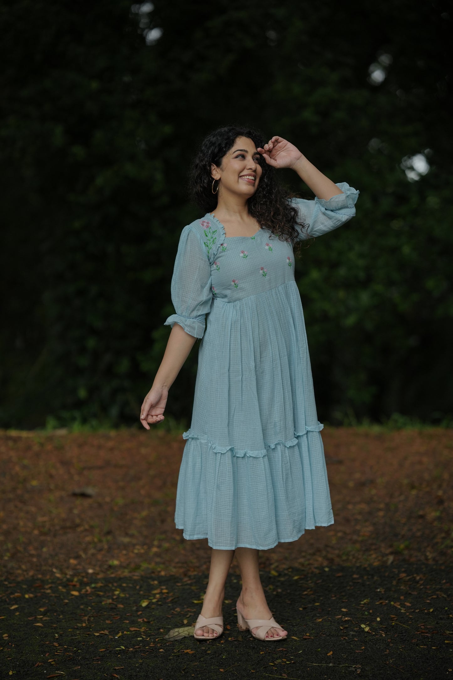 Blue soft cotton kota checks kurti/dress with multi shaded thread embroidered yoke MBS-642
