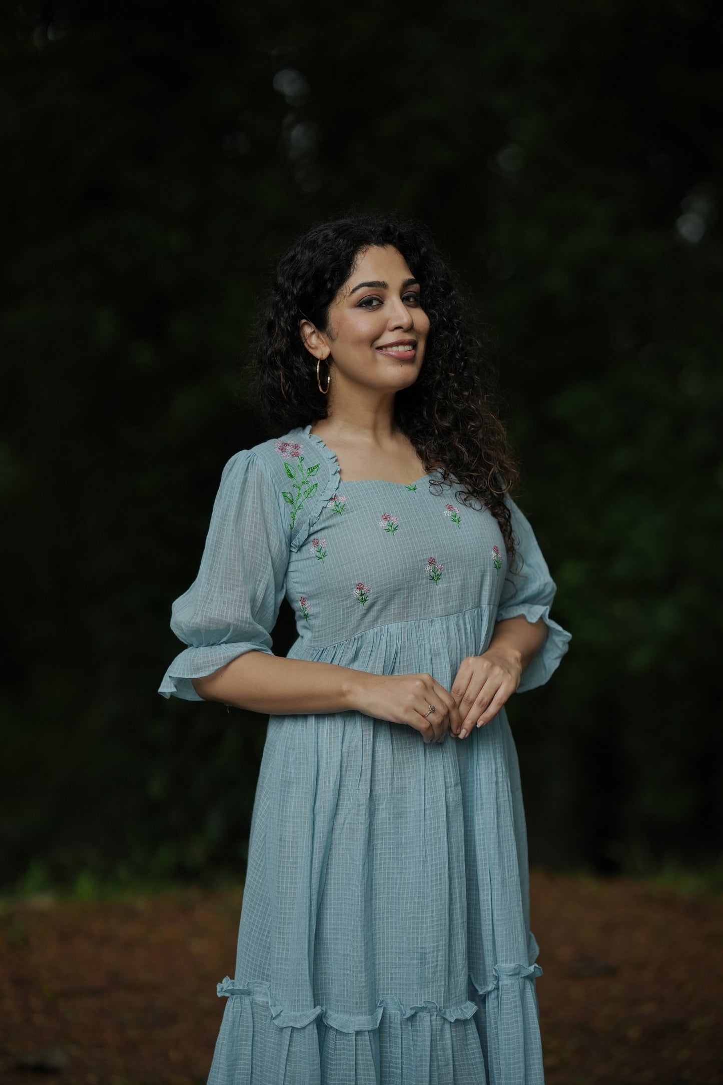 Blue soft cotton kota checks kurti/dress with multi shaded thread embroidered yoke MBS-642