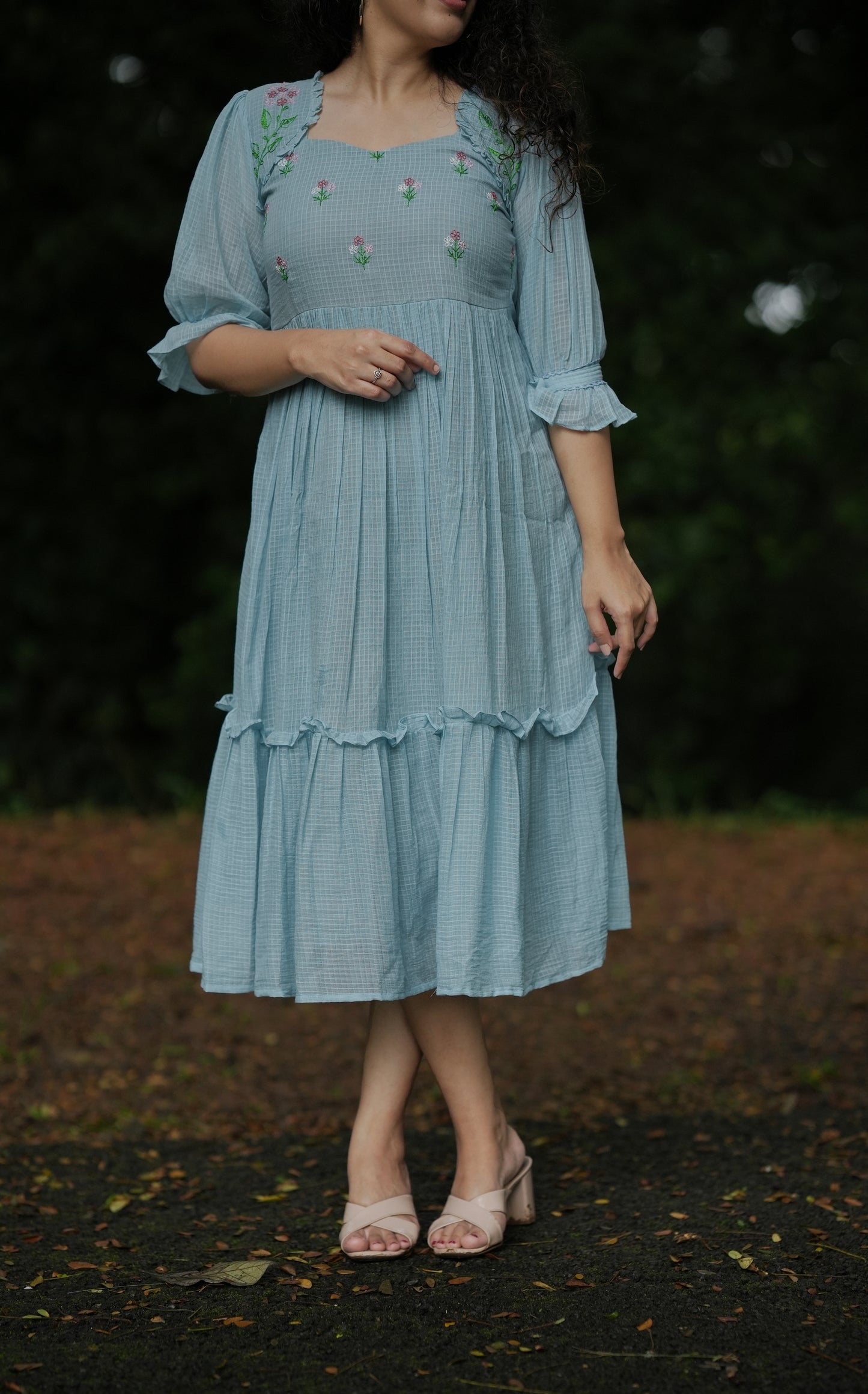 Blue soft cotton kota checks kurti/dress with multi shaded thread embroidered yoke MBS-642