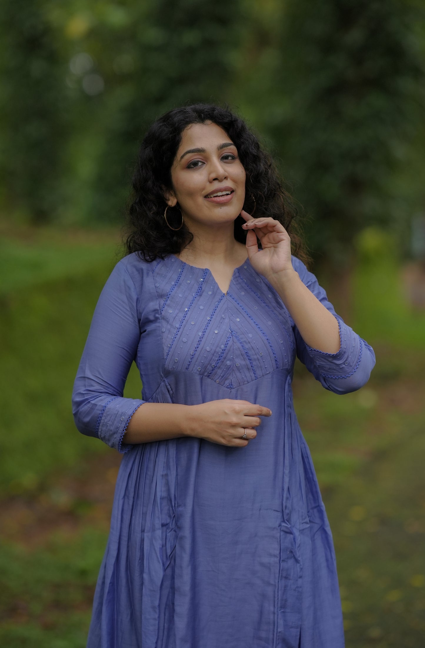 Pure viscose mul chanderi Aline kurti with pleated and lace detailed yoke in Purple blue shade MBS-651