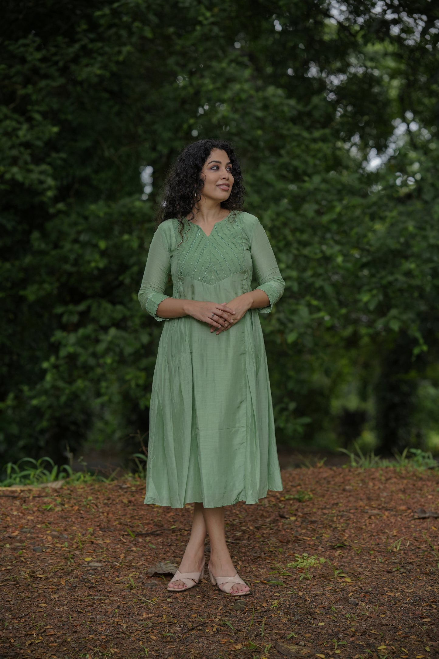 Pure viscose mul chanderi Aline kurti with pleated and lace detailed yoke in pastel green shade MBS-652