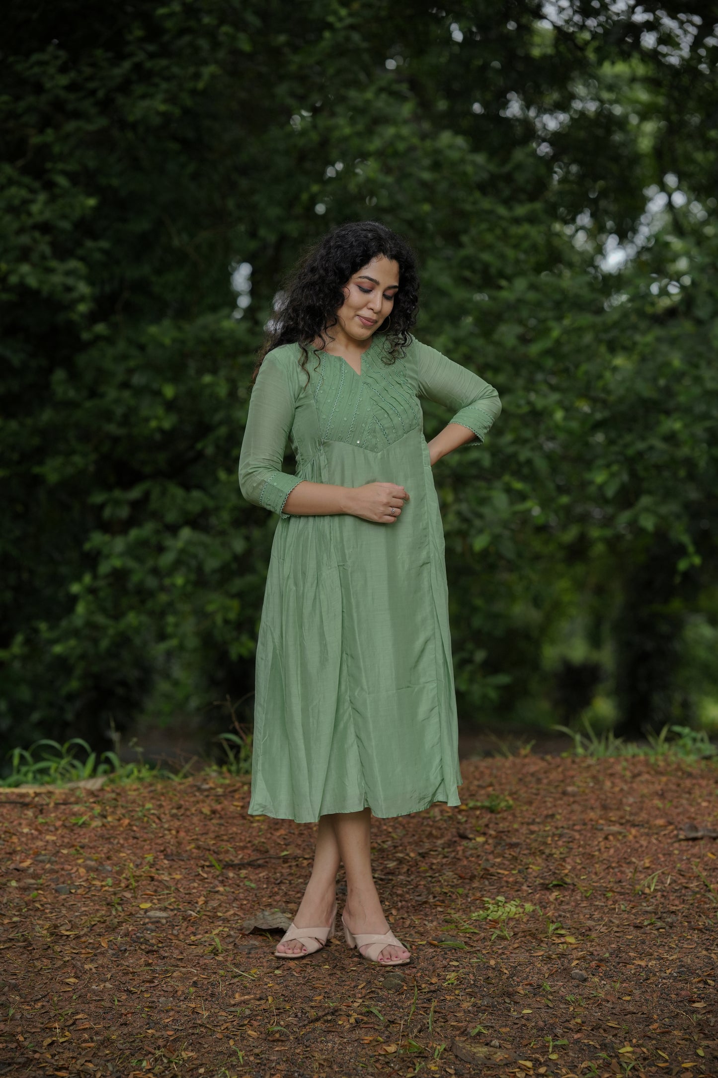 Pure viscose mul chanderi Aline kurti with pleated and lace detailed yoke in pastel green shade MBS-652