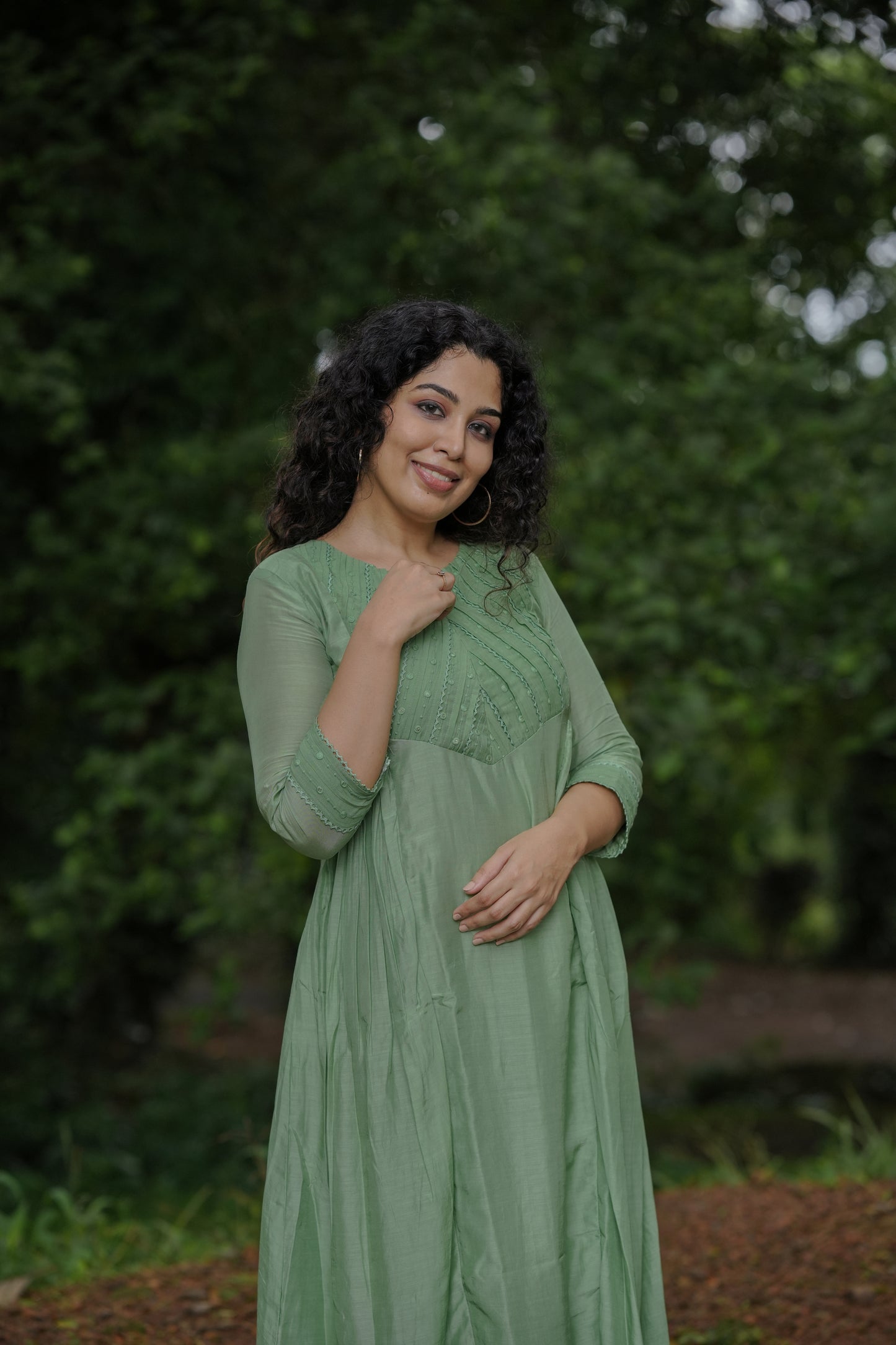 Pure viscose mul chanderi Aline kurti with pleated and lace detailed yoke in pastel green shade MBS-652