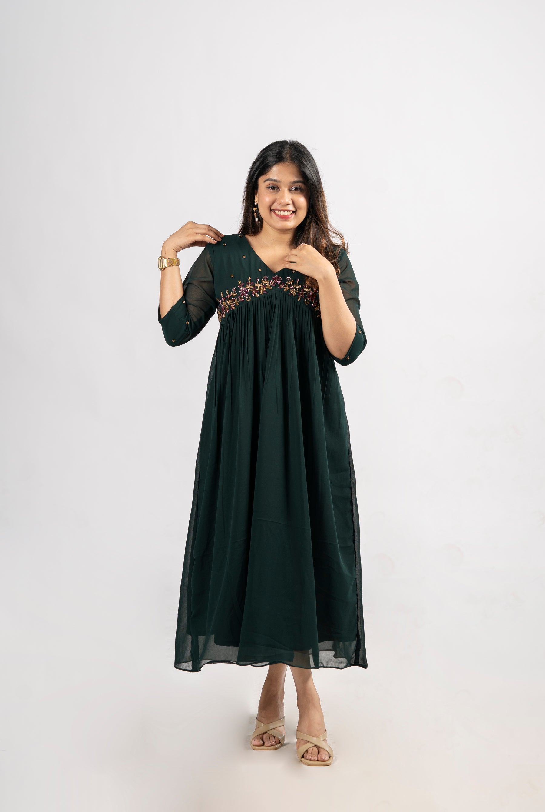 Alia cut A-line partywear georgette kurti in bottle green shade with handworked yoke and sleeves MBS-260 XL Alia cut A-line partywear georgette kurti in bottle green shade with handworked yoke and sleeves MBS-260 XL