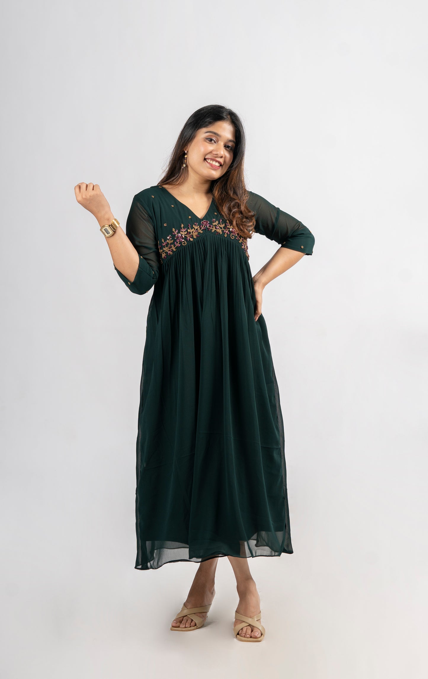 Alia cut A-line partywear georgette kurti in bottle green shade with handworked yoke and sleeves MBS-260
