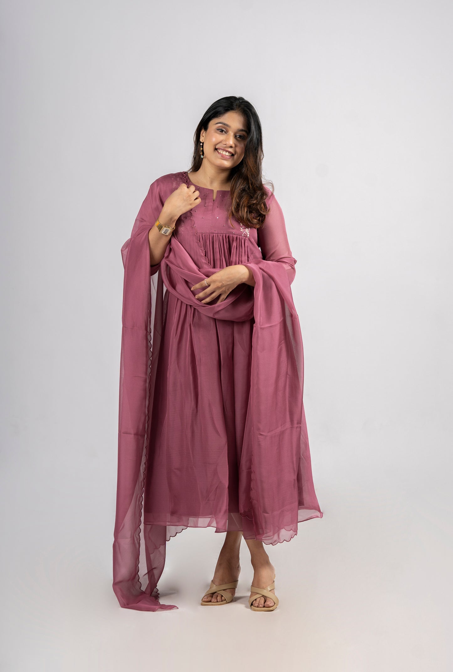 Onion pink shaded soft organza handworked kurti with scalloped dupatta MBS-265