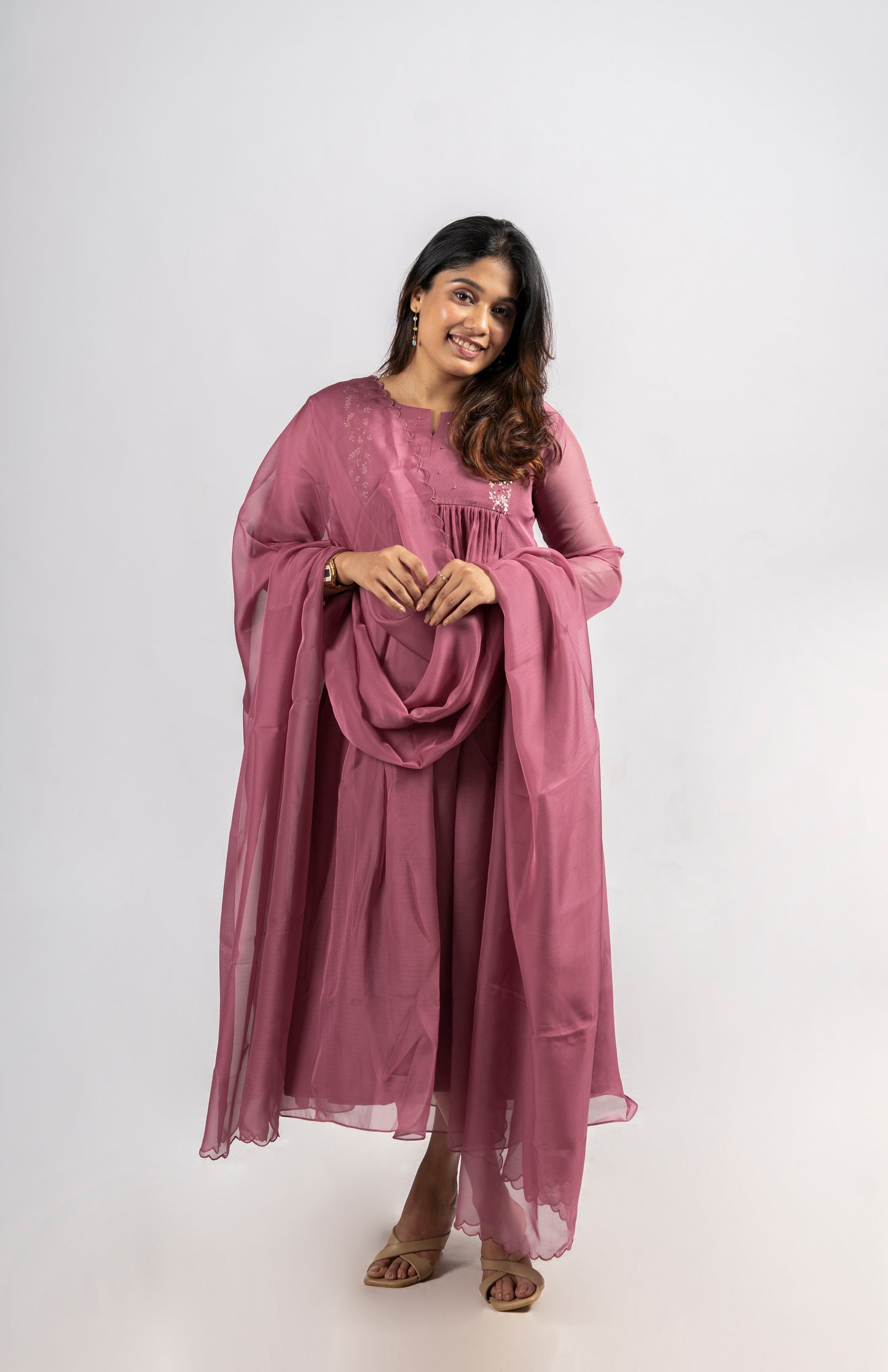 Onion pink shaded soft organza handworked kurti with scalloped dupatta MBS-265
