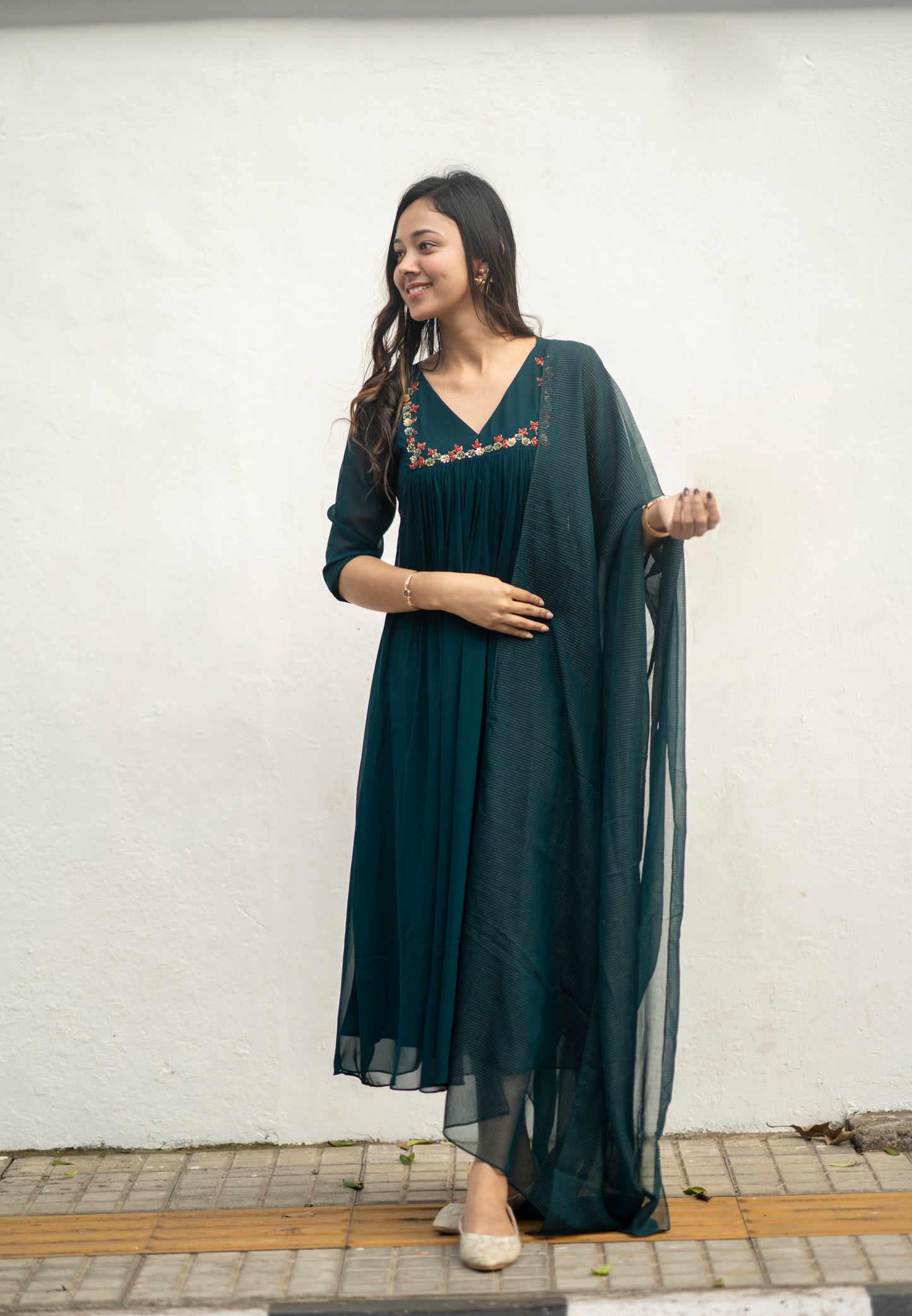 Green blooming georgette Aline kurti with handworked yoke and gathers MBS-577