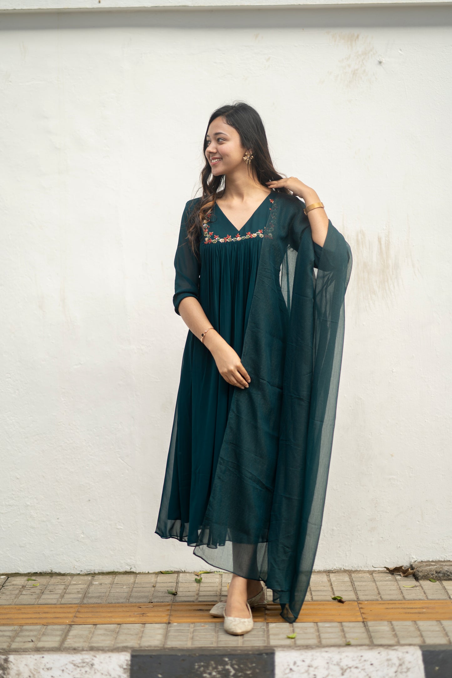 Green blooming georgette Aline kurti with handworked yoke and gathers MBS-577