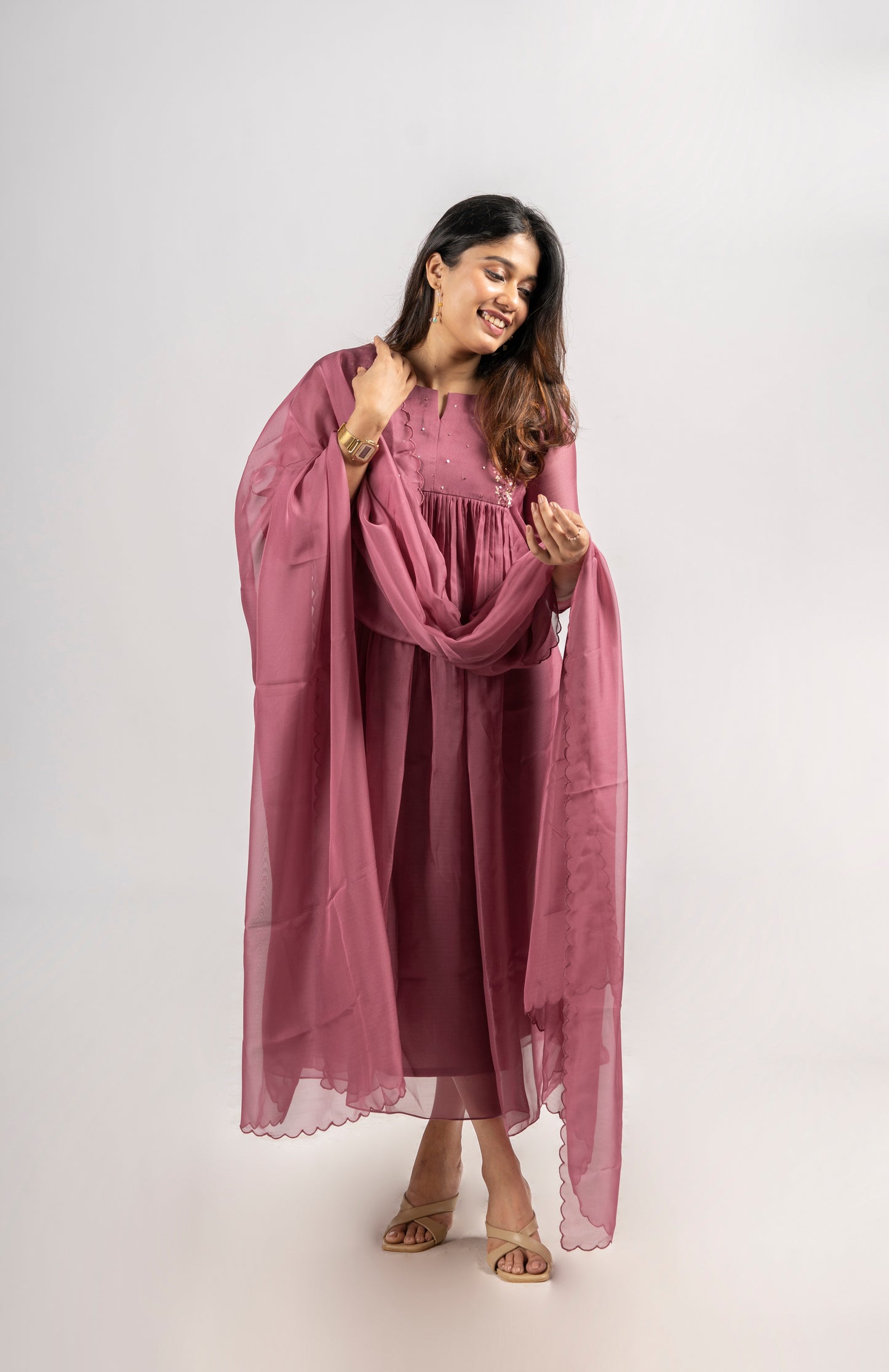 Onion pink shaded soft organza handworked kurti with scalloped dupatta MBS-265