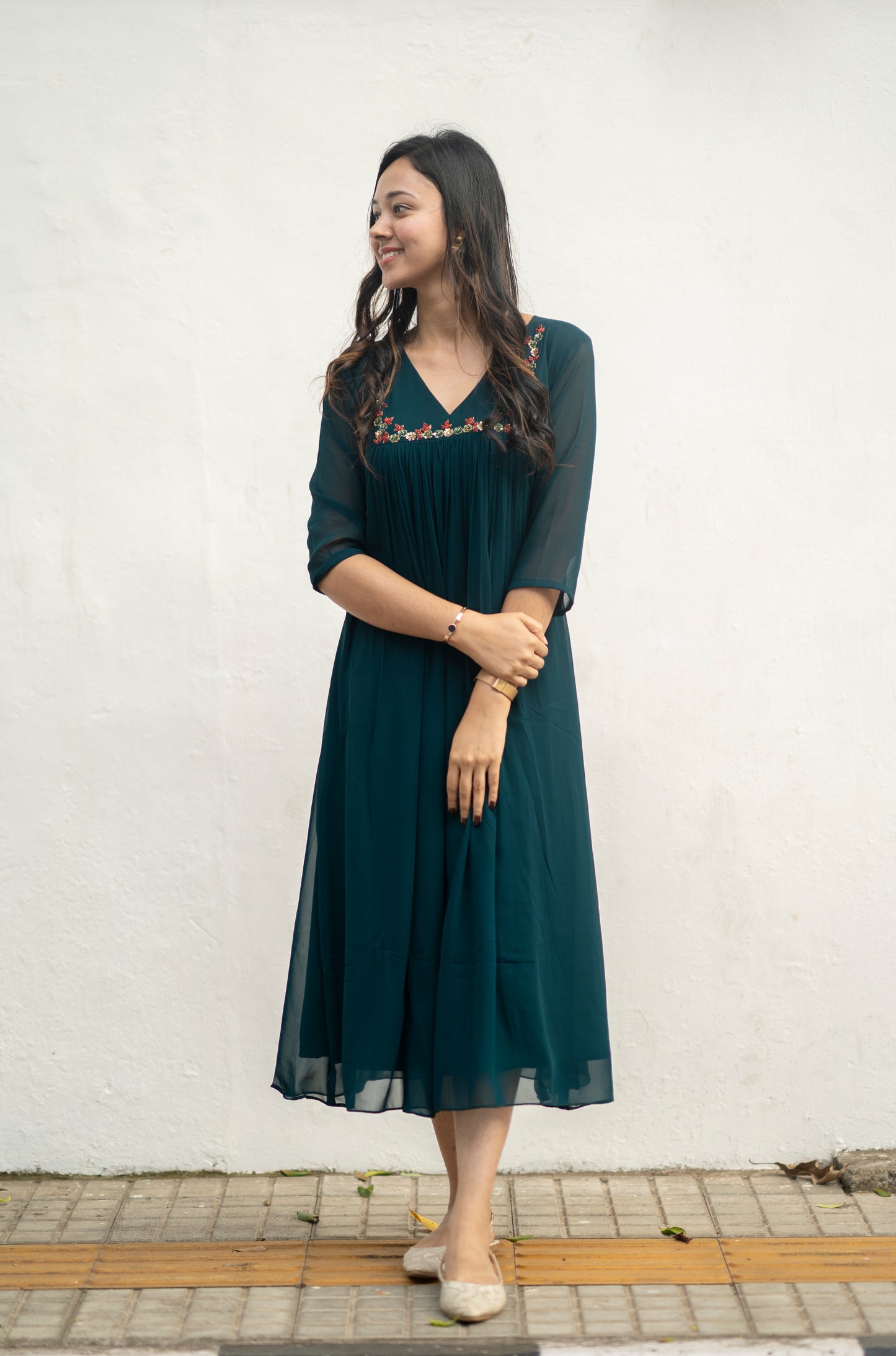 Green blooming georgette Aline kurti with handworked yoke and gathers MBS-577