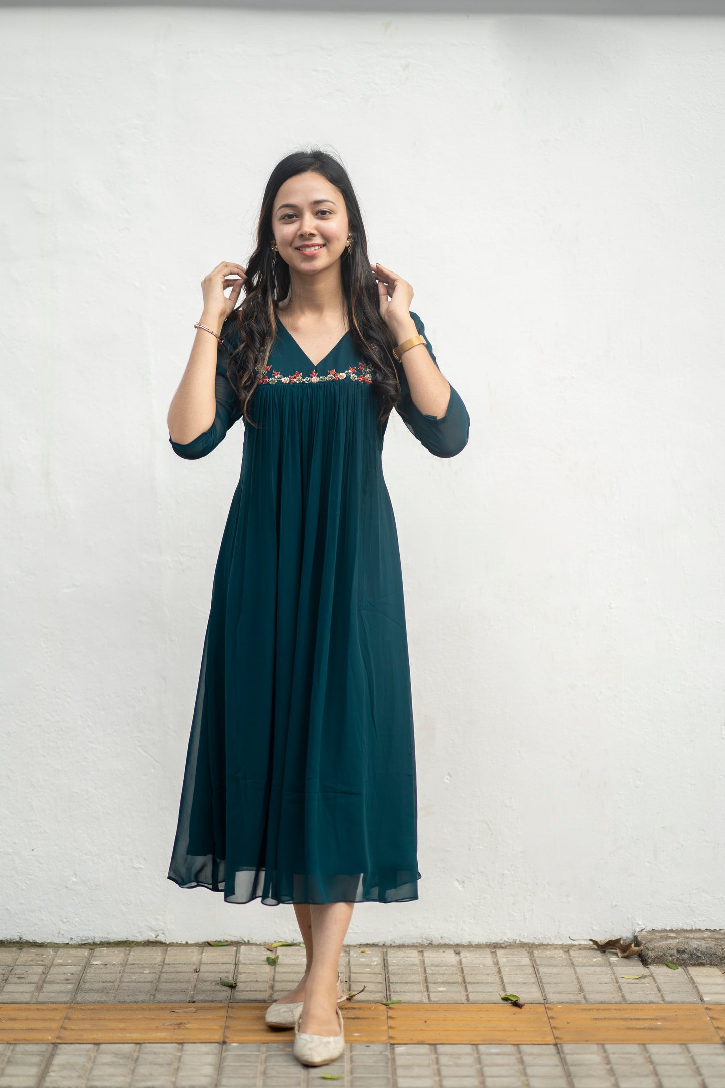 Green blooming georgette Aline kurti with handworked yoke and gathers MBS-577