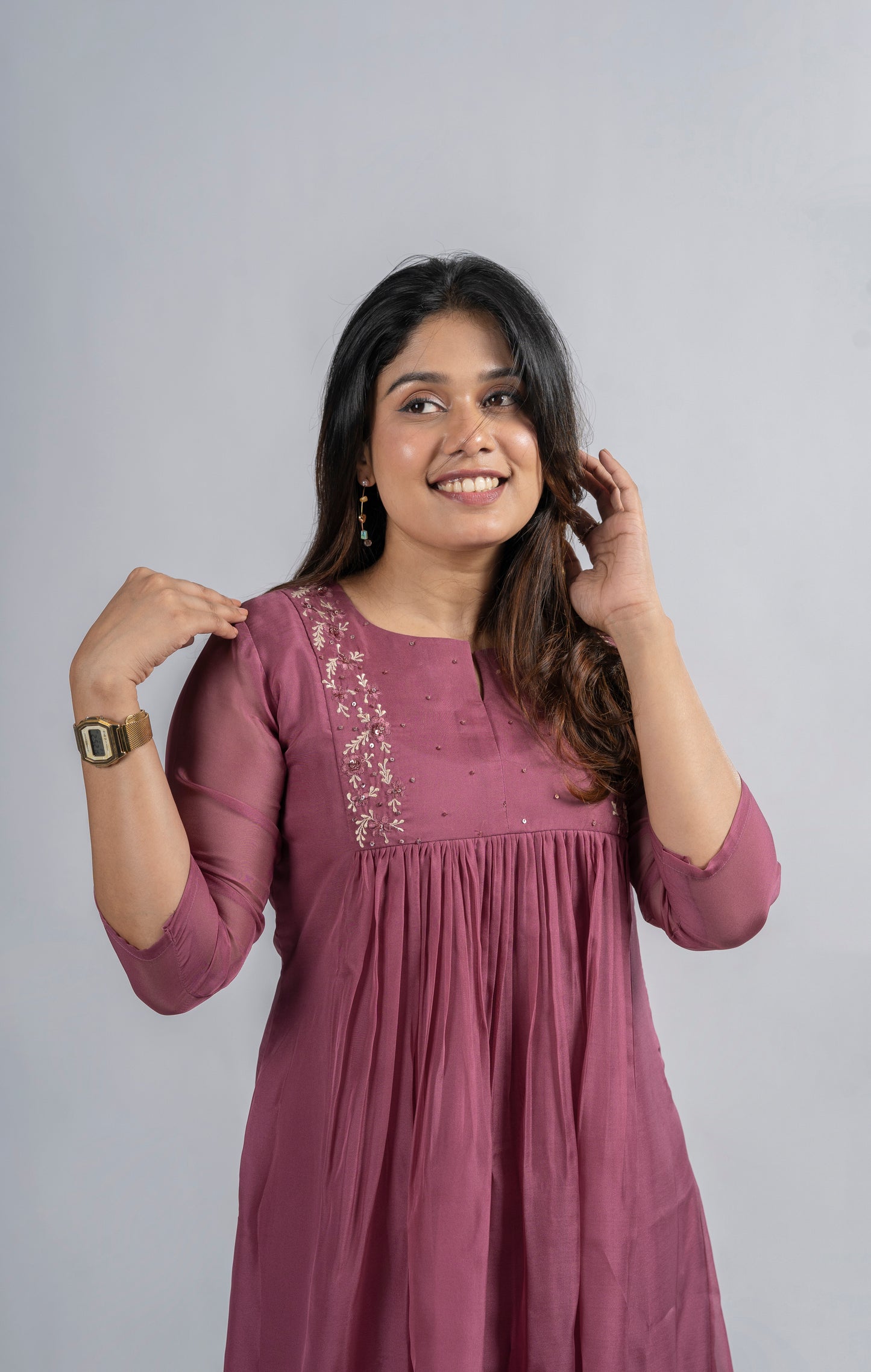 Onion pink shaded soft organza handworked kurti with scalloped dupatta MBS-265