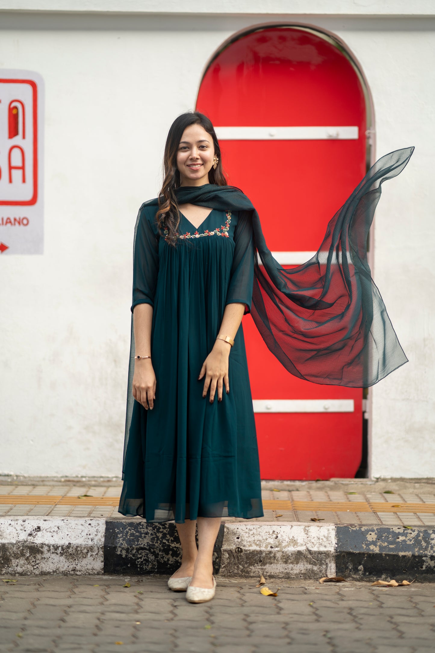Green blooming georgette Aline kurti with handworked yoke and gathers MBS-577