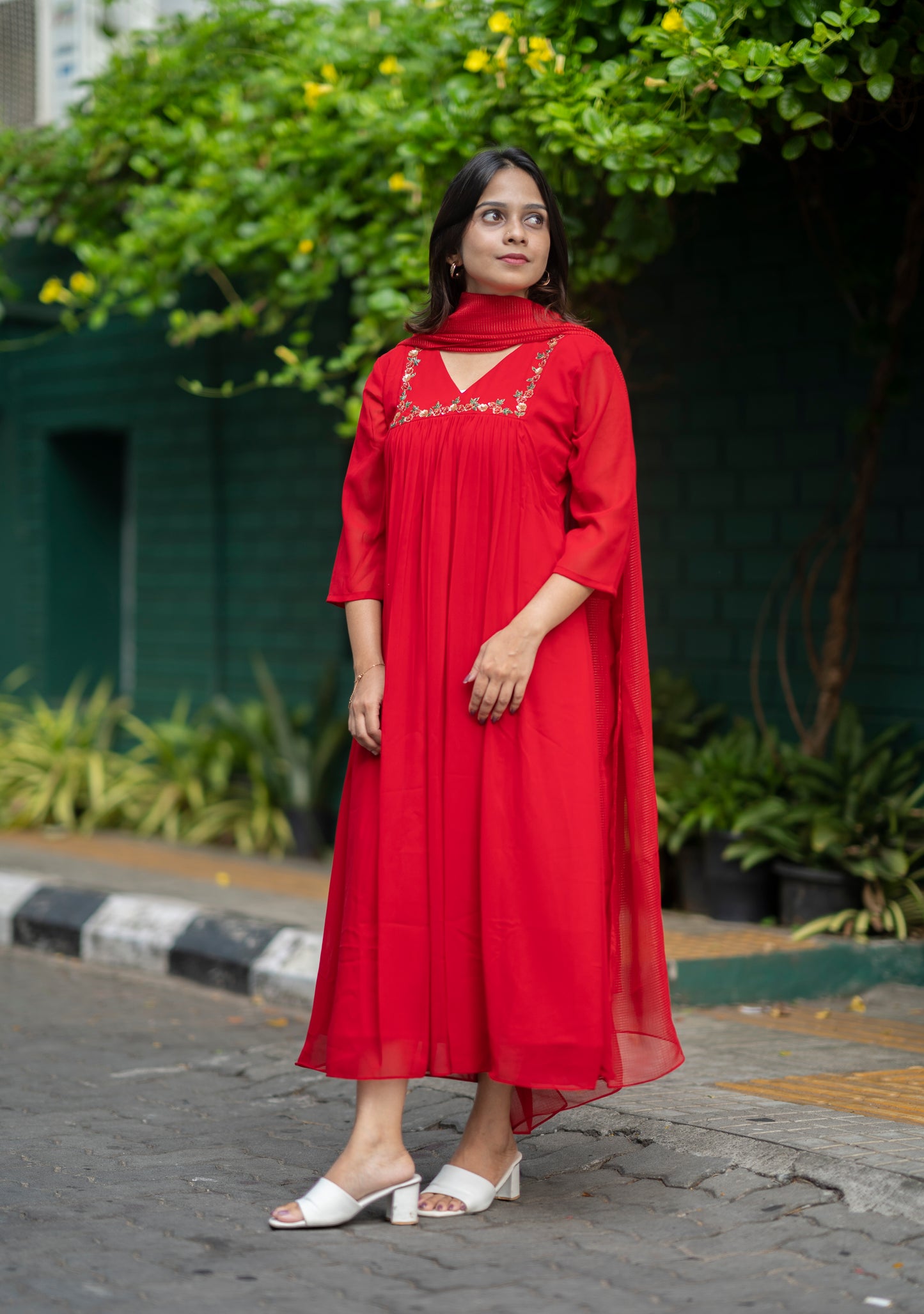 Red blooming georgette Aline kurti with handworked yoke and gathers MBS-576